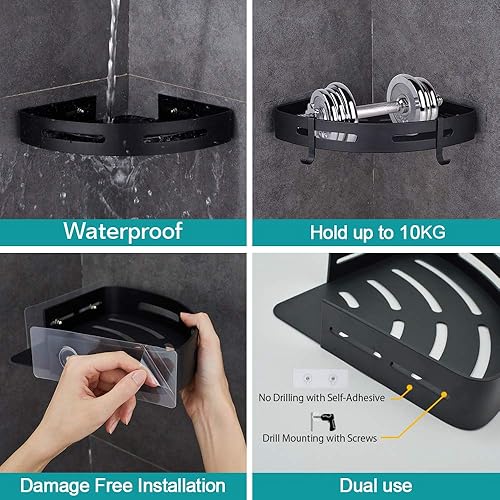 Miniatura 9 de Hoomtaook Estante esquinero de ducha de 2 niveles, estantes de esquina de baño, estantes de esquina de baño, estantes de ducha adhesivos, estante de