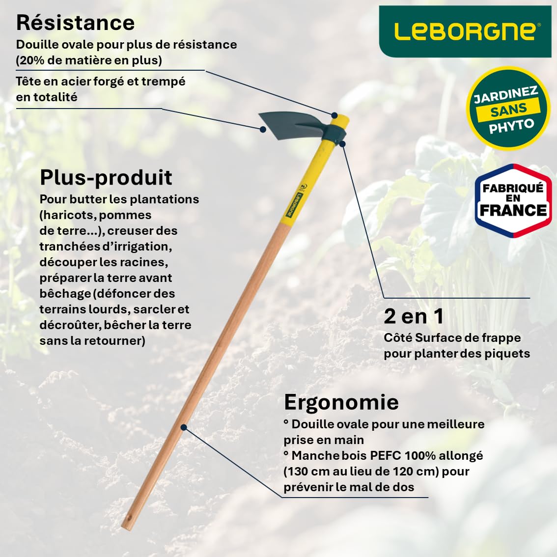 Leborgne, Houe Duopro Douille Ovale 130cm, Manche Bois Percé Certifié PEFC 100%, Outil 2 en 1 : Houe d'un Côté et Surface de Frappe de l'Autre, Idéal pour Planter des Piquets, Couleur Verte