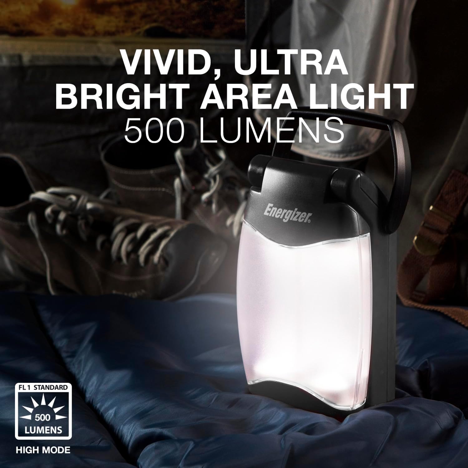 Energizer Weatheready Folding LED Portable Lantern emitting 500 lumens of bright light