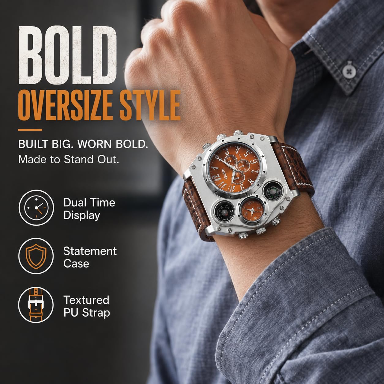 MASTOP Montre à quartz multifonction surdimensionnée pour homme avec grand cadran, double fuseaux horaires, boussole décorative et thermomètre, style militaire steampunk bracelet en cuir, cadeau pour