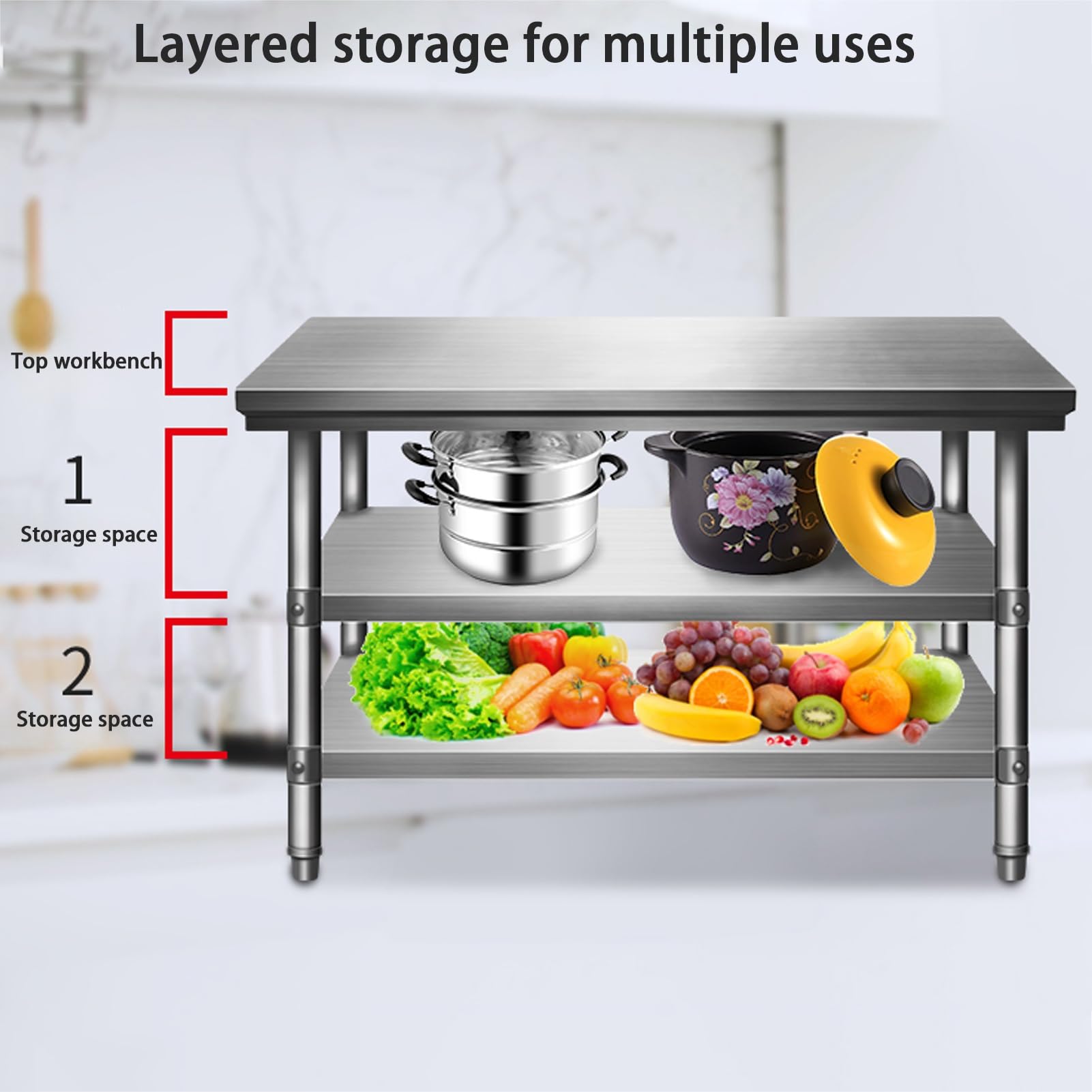 Tavolo da Preparazione, Tavolo da Lavoro Commerciale in Acciaio Inox, banco da Lavoro Regolabile per la Preparazione degli Alimenti, Piano di Lavoro da Cucina Resistente con 2 Ripiani, Ideal