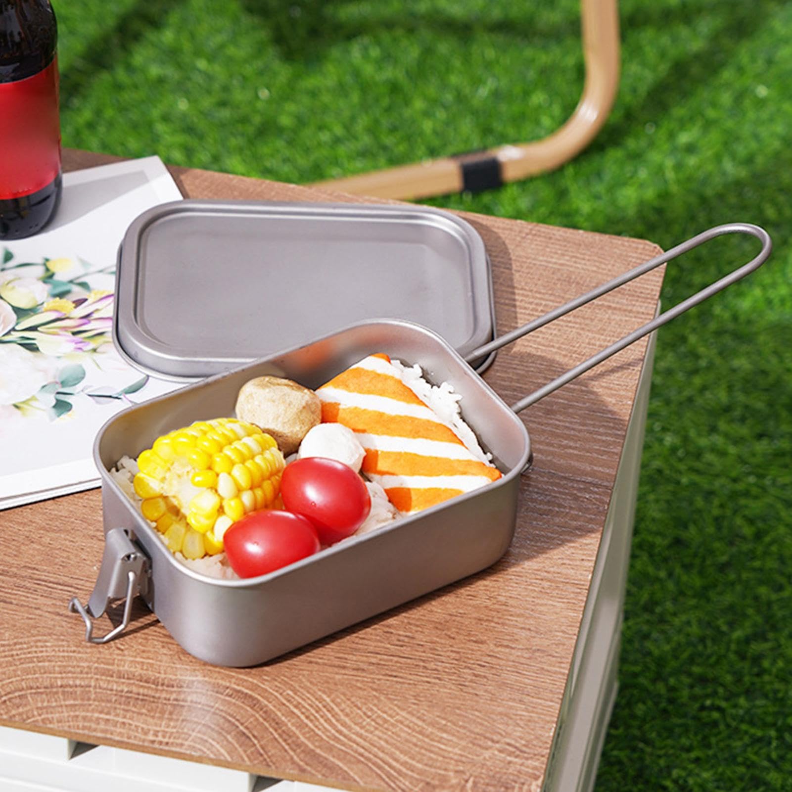 Tytanowe metalowe pudełko na lunch, tytanowe metalowe pudełko na lunch | pojemniki na żywność na lunch, odporny na wyciek składany uchwyt, metalowy pojemnik do pieczenia na kemping rand