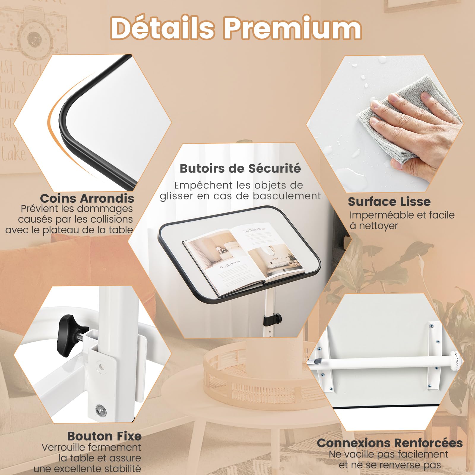 COSTWAY Table de Lit avec roulettes Verrouillables, Réglable en Hauteur, Rangement Pliable, Plateau Inclinable 180°, pour Lit Médicalisé, Charge 20kg