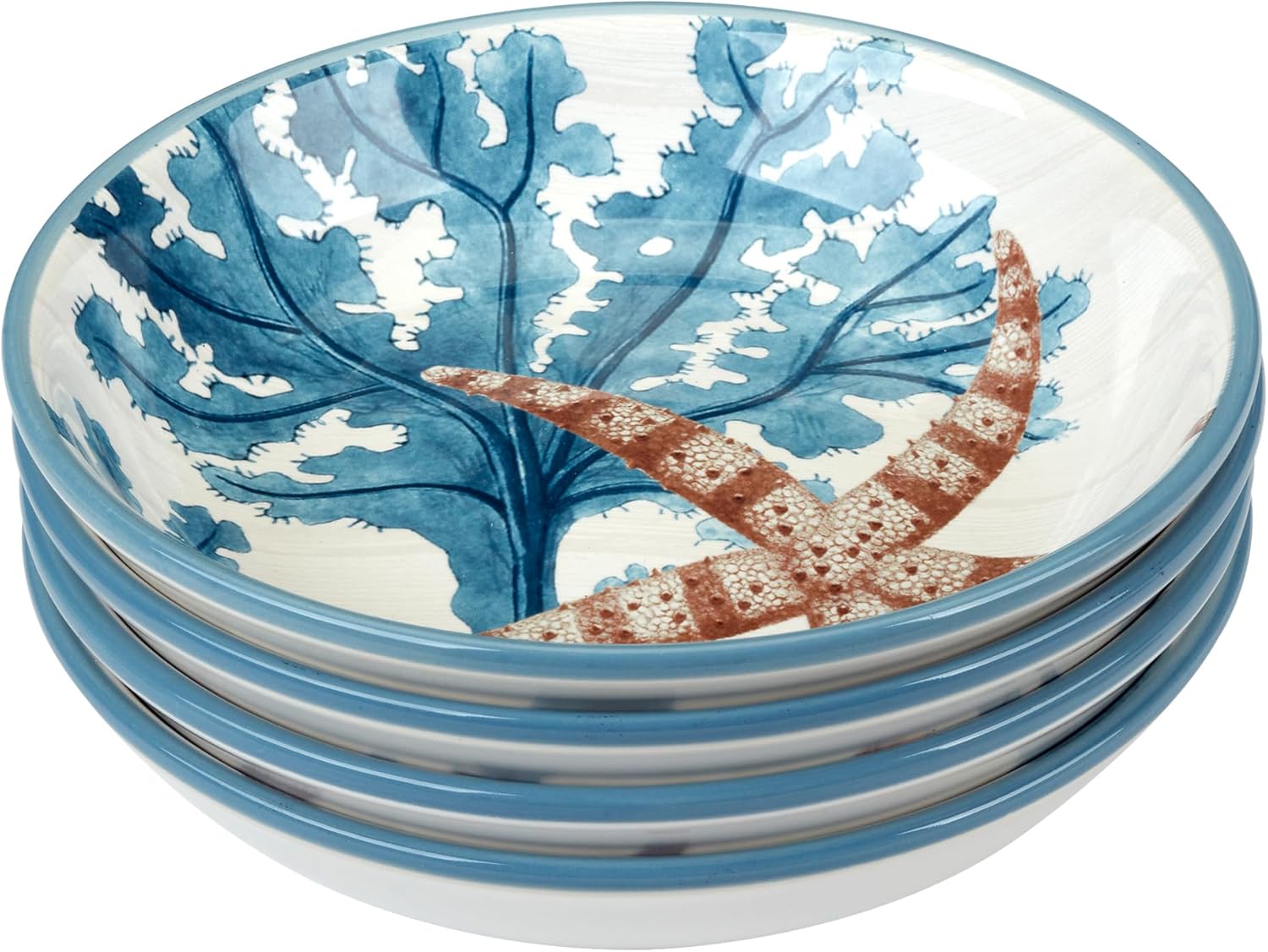Beyond The Shore 9"x2" Soup & Cereal Bowls, Set of 4 – 38 oz Ceramic Bowls with Ocean-Inspired Starfish, Shell & Coral Patterns – Beach-Themed Dinnerware for Soup, Salad, Pasta & Grain Bowls