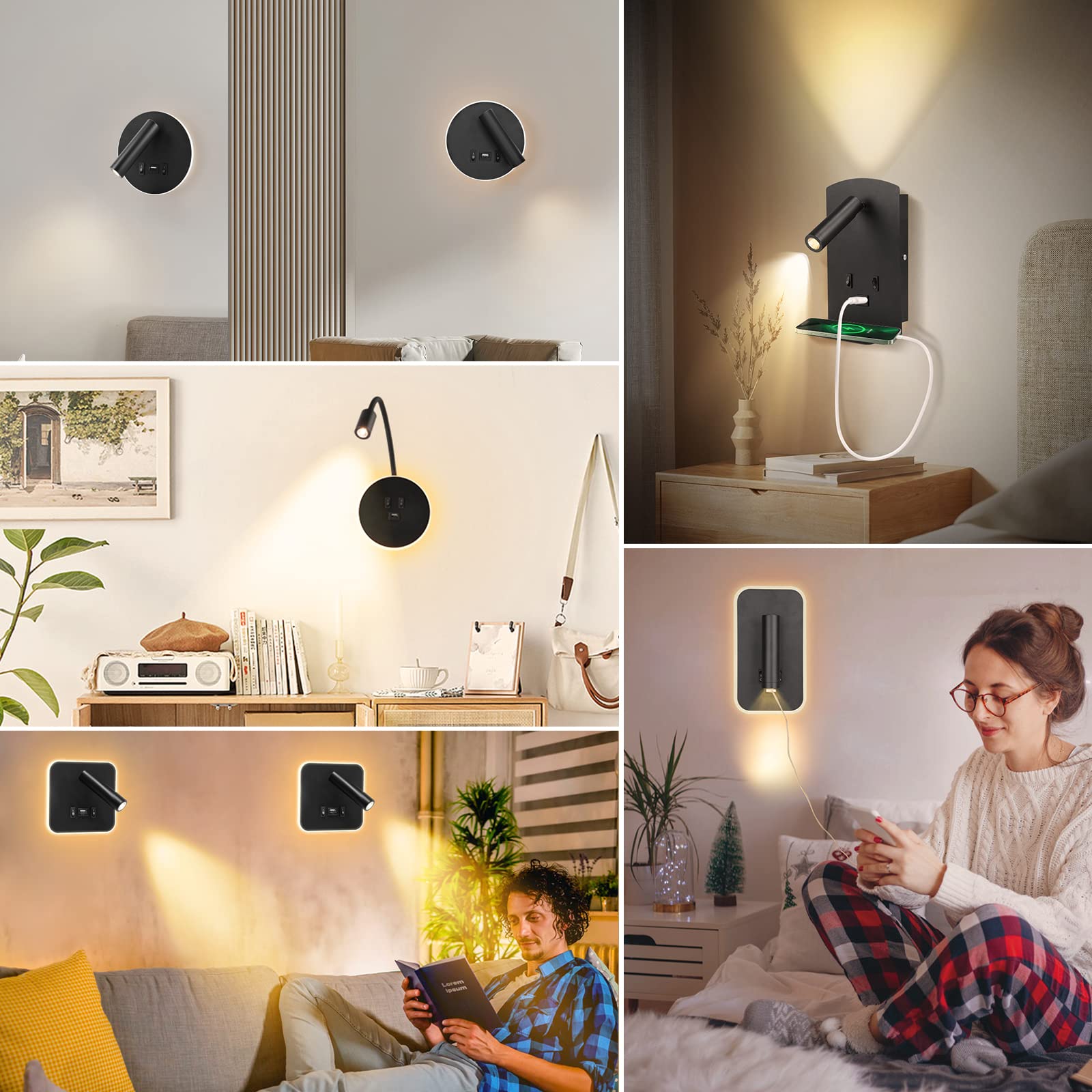 Lampada da parete a LED, lampada da lettura sul comodino con interruttore, porta di ricarica USB, applique da parete per interni, applique da parete con rotazione a 360°, lampada da comodino 12W