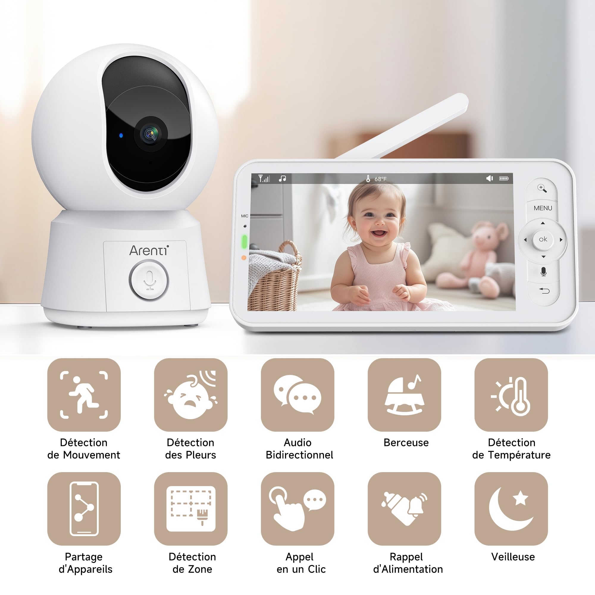 ARENTI Babyphone Camera Bébé, Baby Phone Vidéo Connecté Smartphone, Baby Moniteur Vidéo avec VOX, Détection de Température, Alertes Intelligentes/Vision Nocturne/Suivi Automatique