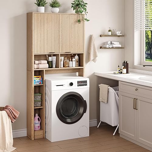 Miniatura 8 de Armario de almacenamiento sobre el inodoro de 31 pulgadas de ancho, roble  Organizador de baño con estantes ajustables, puertas con patrón de ondas