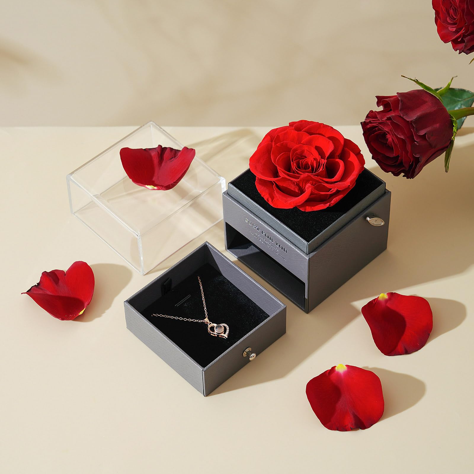 ADDWel Cadeau Anniversaire Femme Original - Cadeau Femme Rose Eternelle Boîte à Musique Romantique avec Collier Je T’aime 100 Langues Cadeaux Saint Valentin Noel Fete des Meres Maman Grand Mere Copine