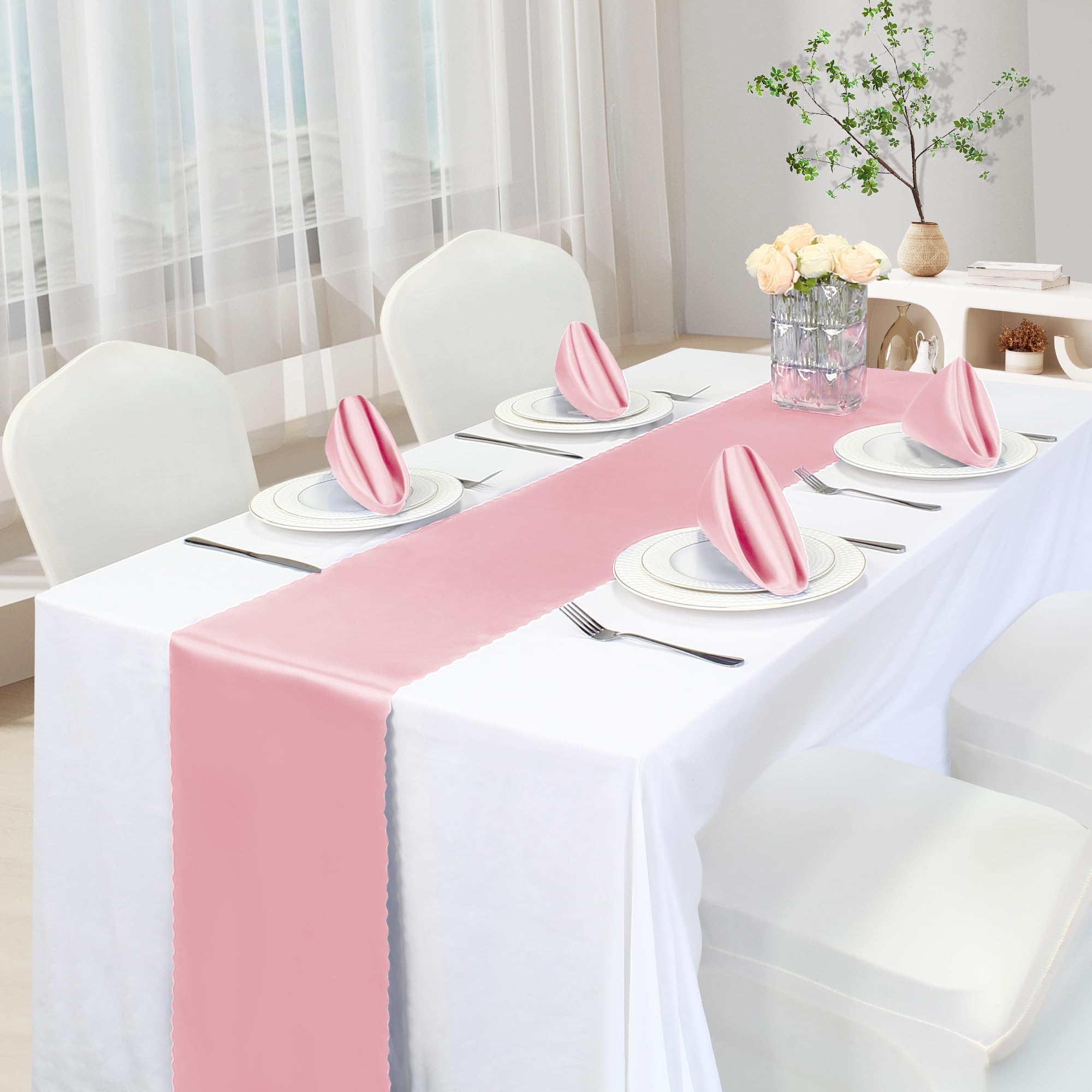 VACVELT Paquete de 12 caminos de mesa de satén de 12 x 72 pulgadas de largo, color rosa rubor, caminos de mesa de boda, caminos de mesa suaves y brillantes para fiestas de cumpleaños, banquetes,