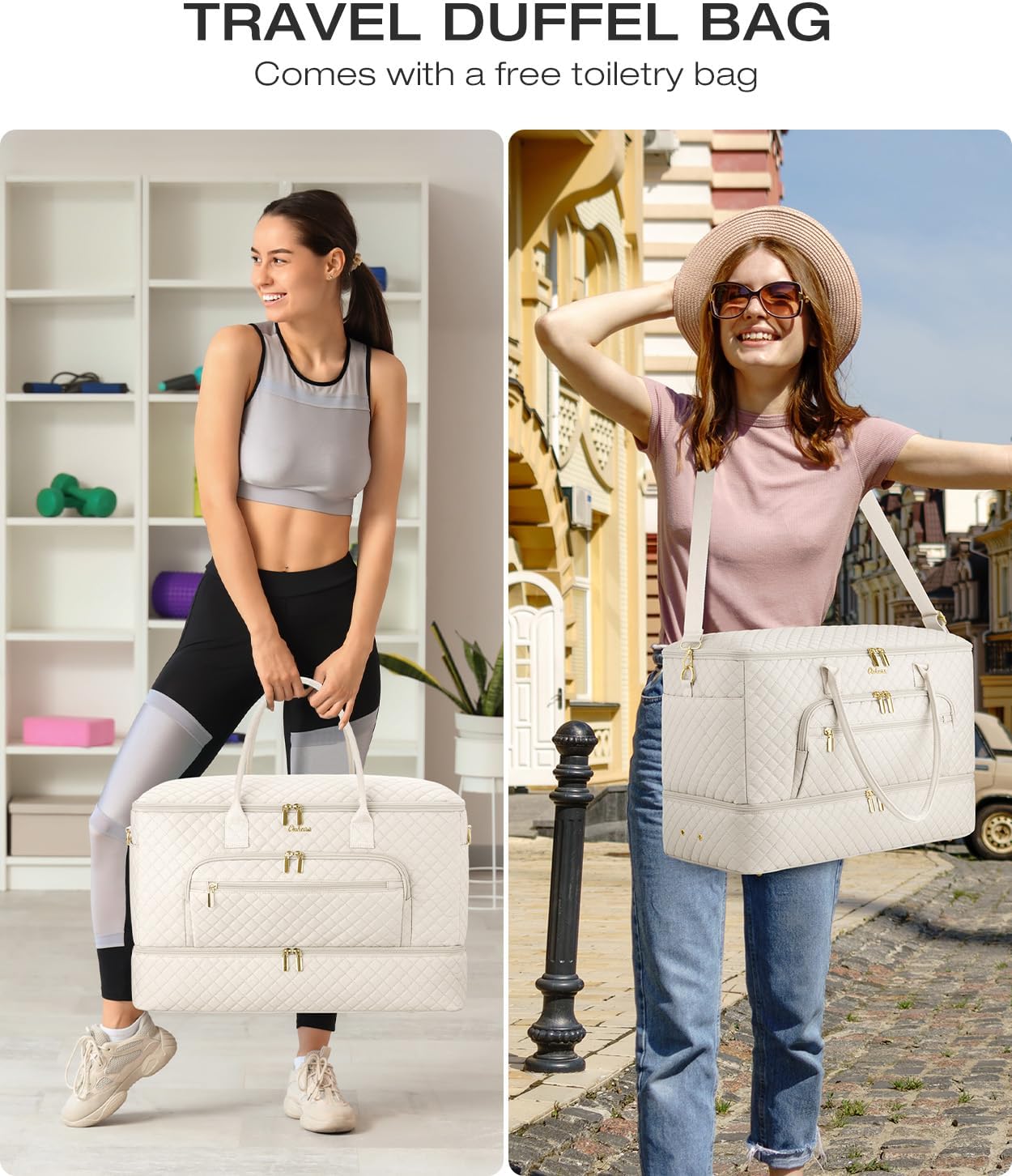 Travel Duffle Bag, Wide Open Large Weekender Bag for Women with Shoe Compartment, Carry on Overnight Bags with Toiletry Bag, Hospital Bag for Women Labor Delivery with Wet Pocket (Cream) - Image 7