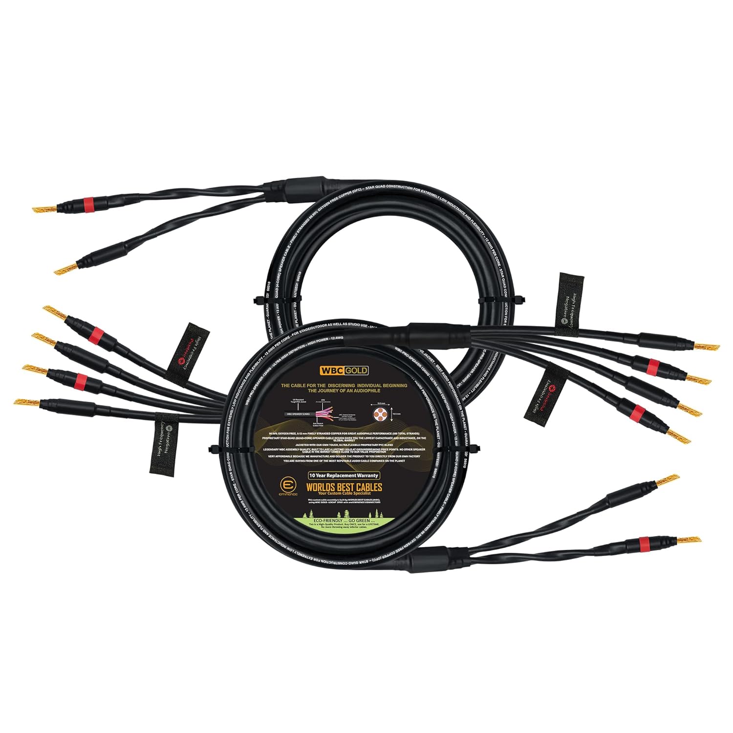 WORLDS BEST CABLES 8 Foot WBC-GOLD-LOCAP-SPKR-12 AWG - Low-Capacitance - Low-Inductance - High Purity OFC - Audiophile HiFi Bi-Wire Speaker Cable Pair with Eminence Gold Banana Plugs