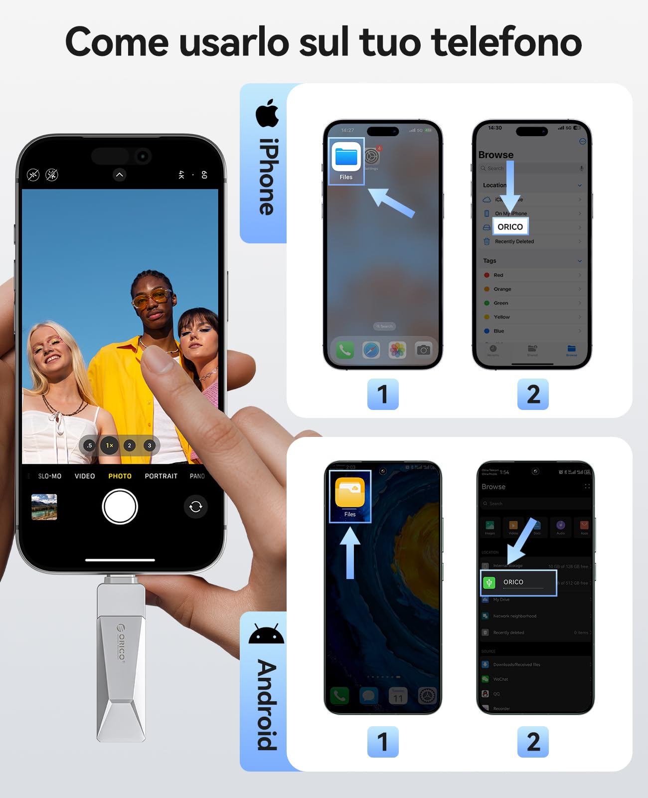ORICO Chiavetta USB 128 GB USB 3.2 Memory Stick OTG fino a 150 MB/s 2 in 1 Tipo C Flash Drive in metallo per iPhone 17/16/15/Smartphone Android/Tablet/Mac/Laptop/PC, Argento, CB05
