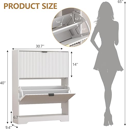Miniatura 2 de Shoe Cabinet Storage for Entryway with 2 Flip Drawers, White Fluted Shoe Cabinet with Open Storage, Wooden Hidden Shoe Rack Freestanding Narrow Slim
