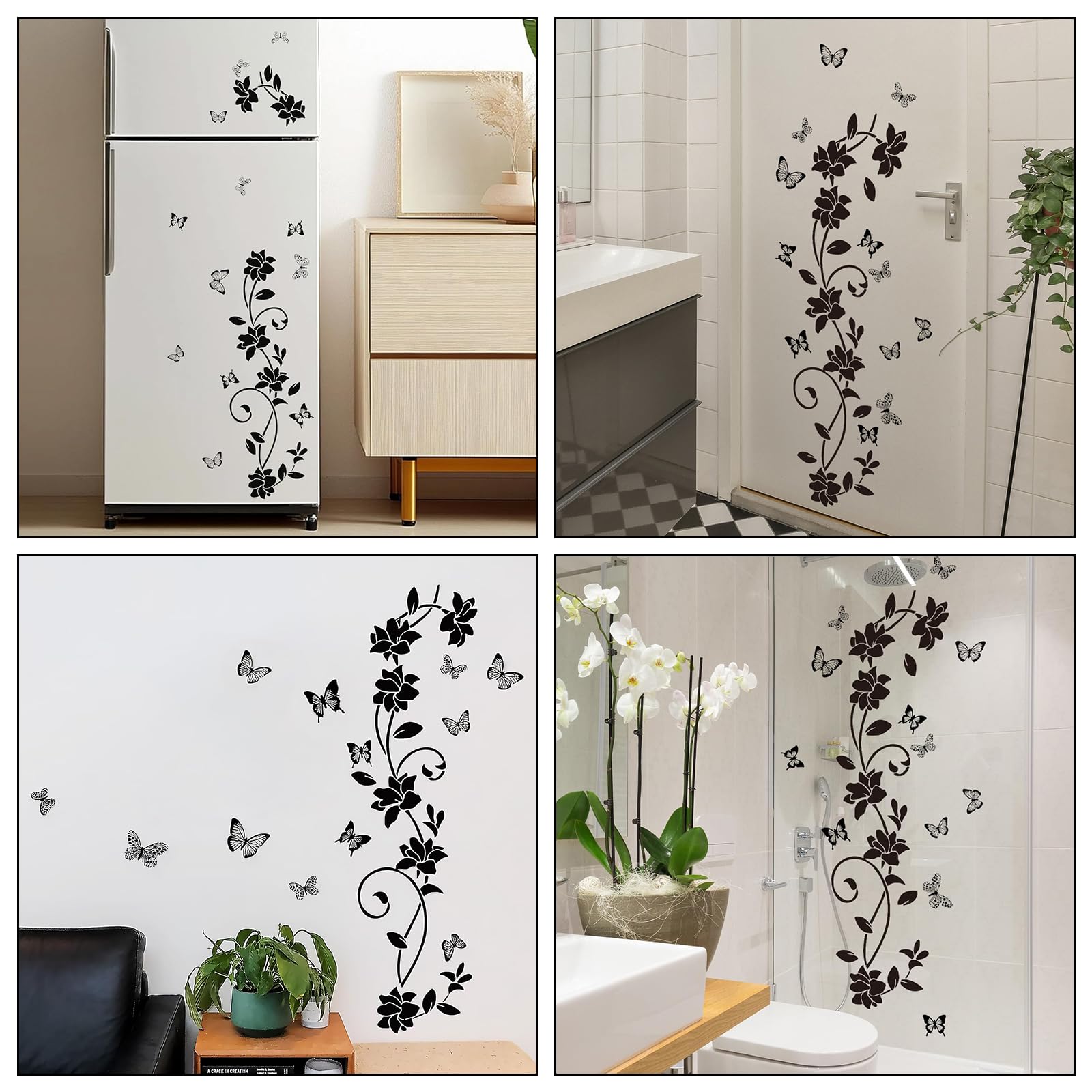 2 Sets Stickers Muraux Noir Design Moderne Fleurs Vigne et Papillons Autocollant PVC Autocollant pour Decoration Miroir Glass Fenêtre Surface Lisse Salon Chambre Salle de Bain Bureau 30x90cm