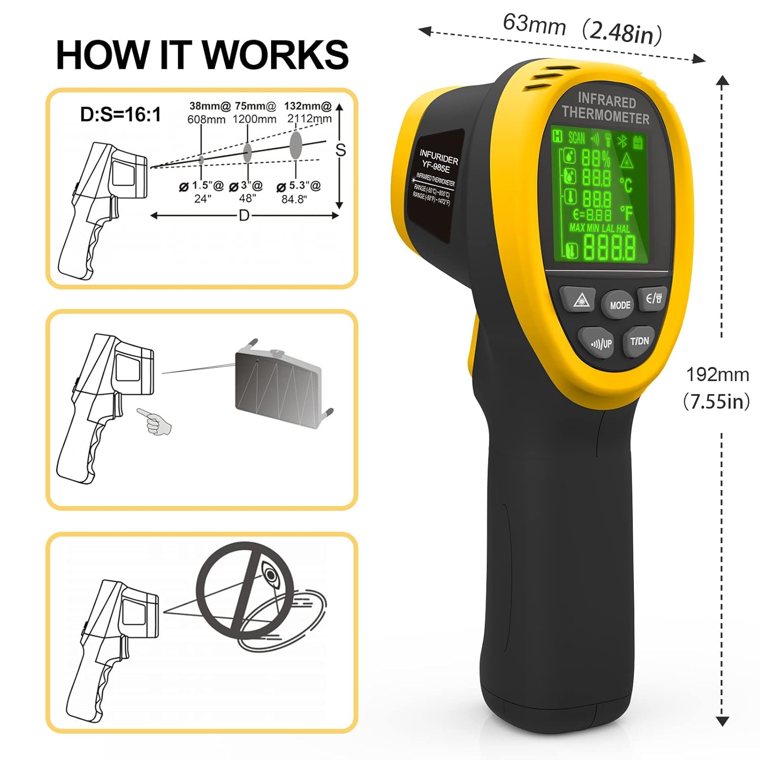 Digital Infrared Thermometer -58℉ to 1472℉，INFURIDER 985E Industrial Thermometer Gun Ambient Temperature Humidity Dew Point Monitor, Laser Temperature Gun 16:1 IR Temp Gauge