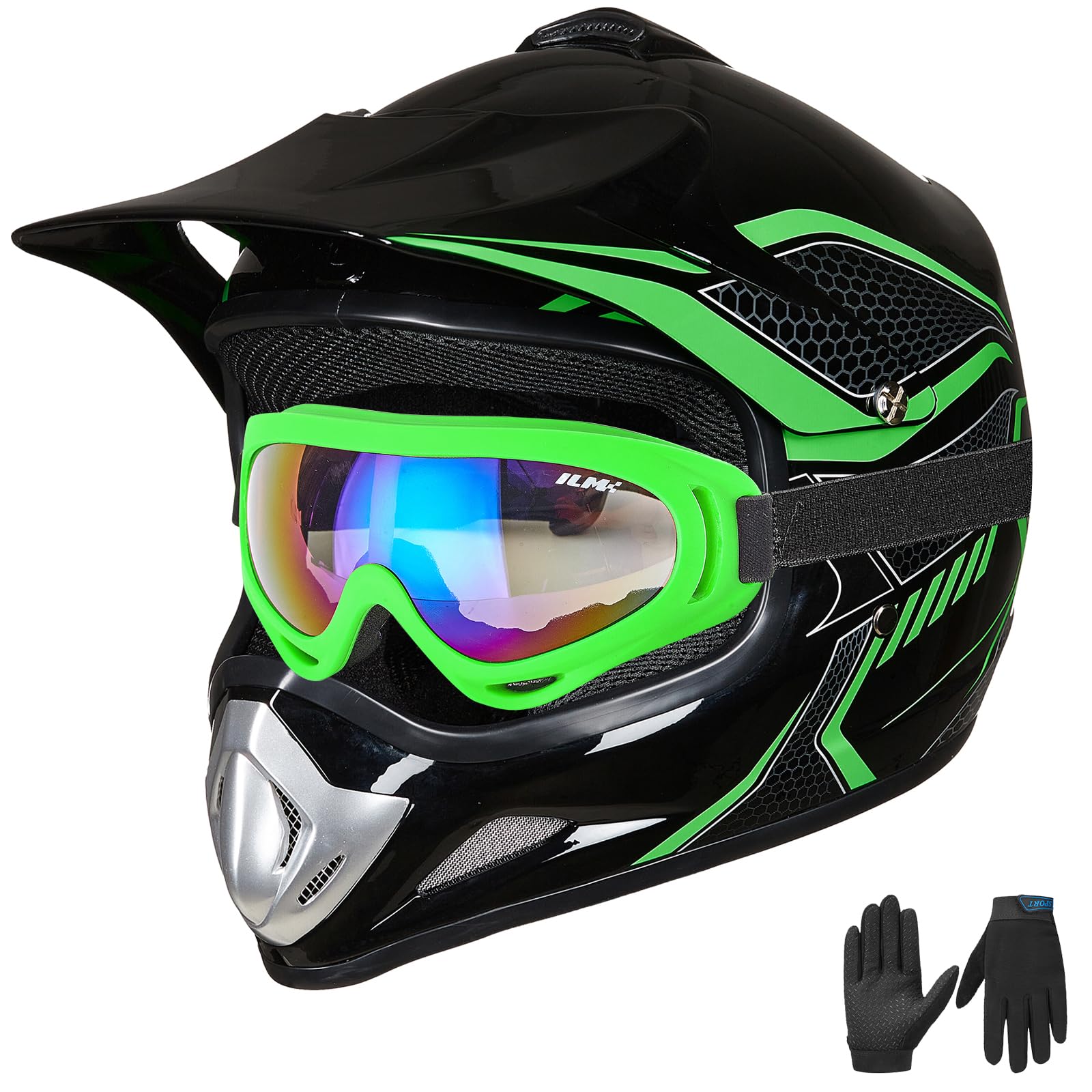 ILM Youth Kids Dirt Bike Helmet ATV Motocross DOT Off-Road Street Helmet Goggles Gloves Full Face Protective Helmet Model BLD-818(Green,Youth-Medium)