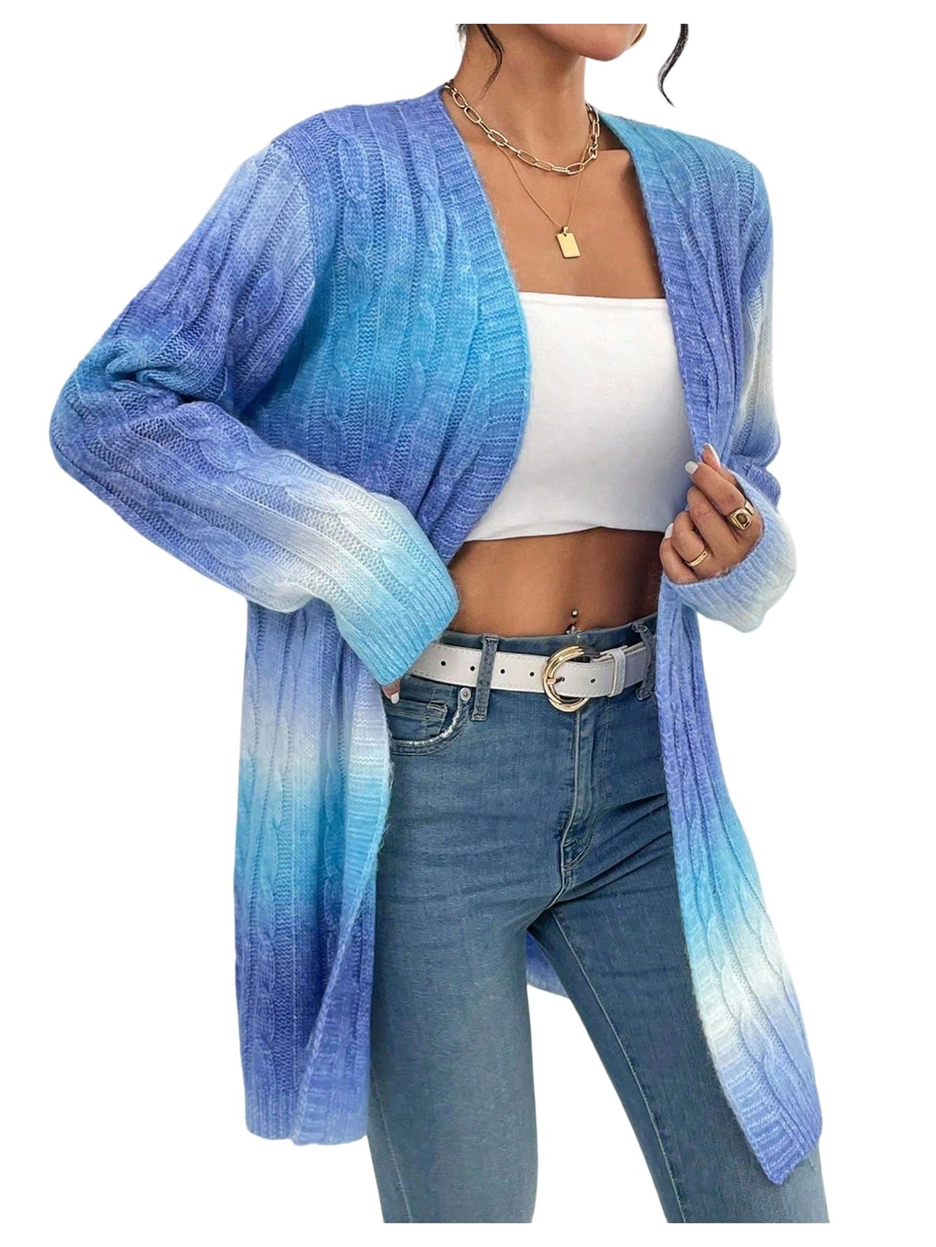 Womens Ombre Print Cable Knit Cardigan Sweater Long Sleeve Open Front Loose Outwear Fall Outfits