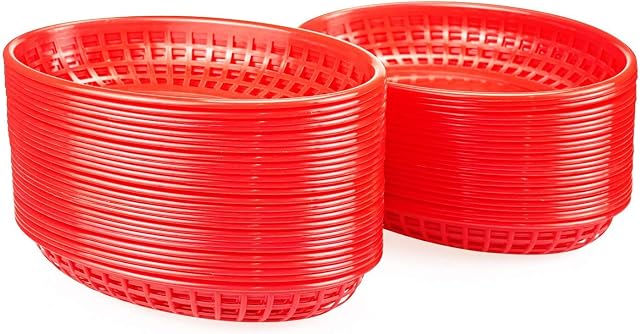 Lawei 50 Pack Oval Food Basket Plastic Fast Food Diner Basket for Chip Fries Burgers Sandwiches Picnics BBQ Party, Red