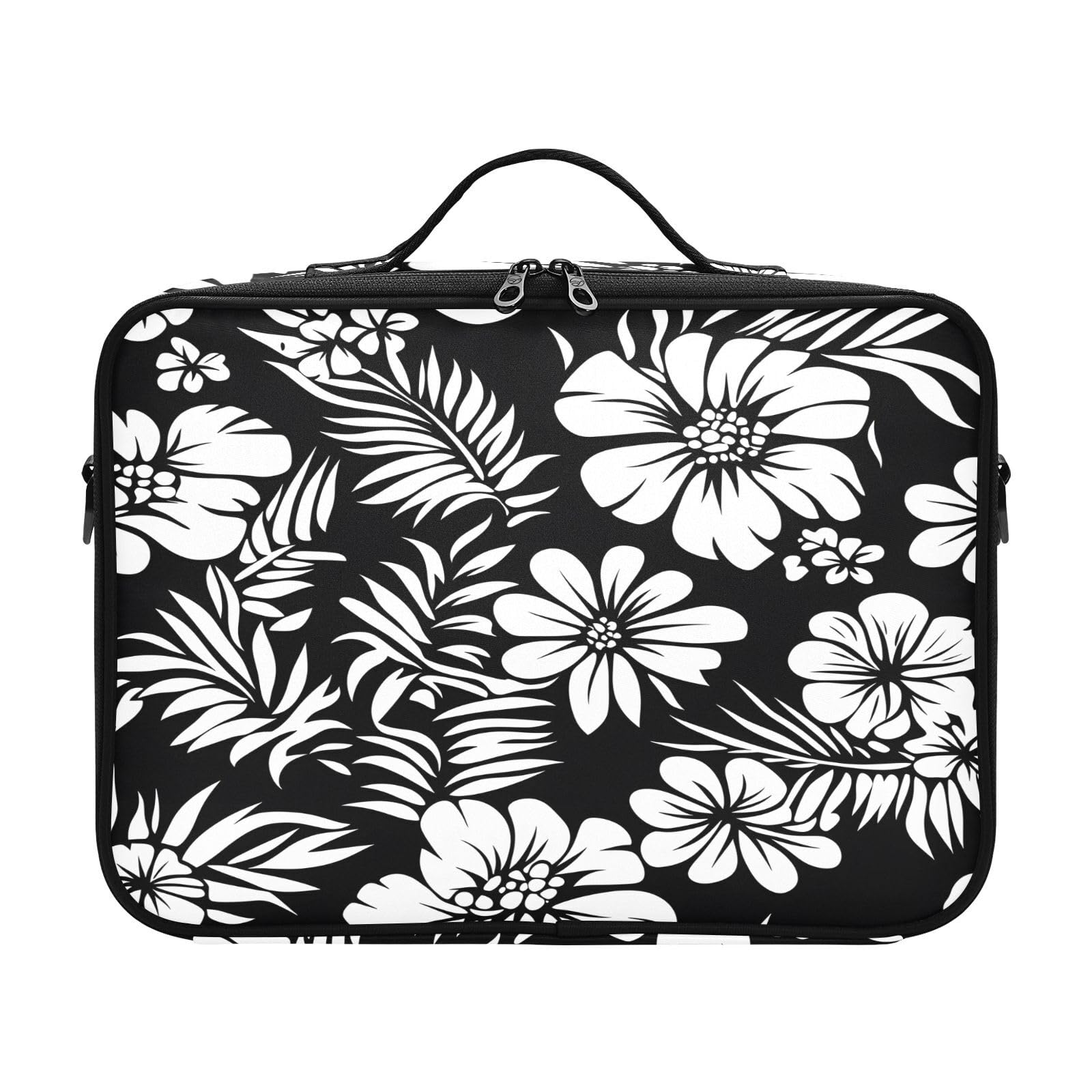 zyrtty Travel Makeup Train Case Black White Flower Pattern Cosmetic Organizer Portable Storage Bag with Adjustable Dividers for Cosmetics Brushes Toiletry Jewelry Digital Accessories
