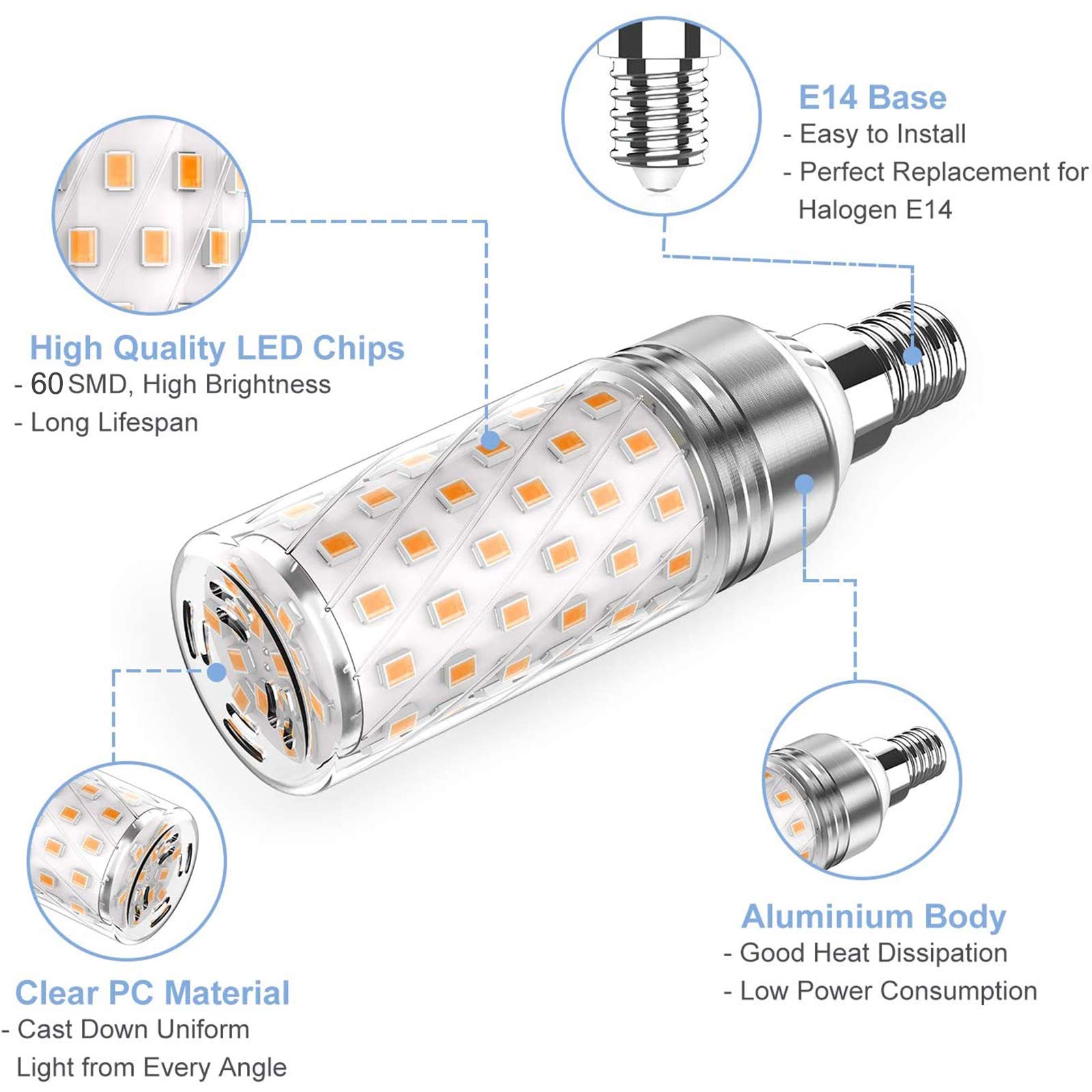 Bombilla LED E14, Equivalente a 12W, 3000K/6000K, lámpara halógena 120W, Bombilla maíz 1320LM, no Regulable, 6 uds.