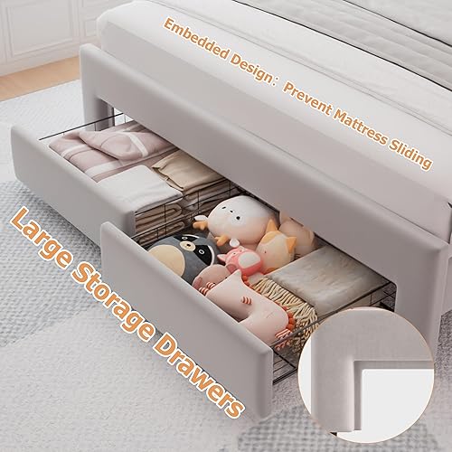 Miniatura 4 de Base de cama LED tapizada tamaño matrimonial con 2 cajones de almacenamiento y cabecera doble ondulada ajustable, cama de plataforma de terciopelo