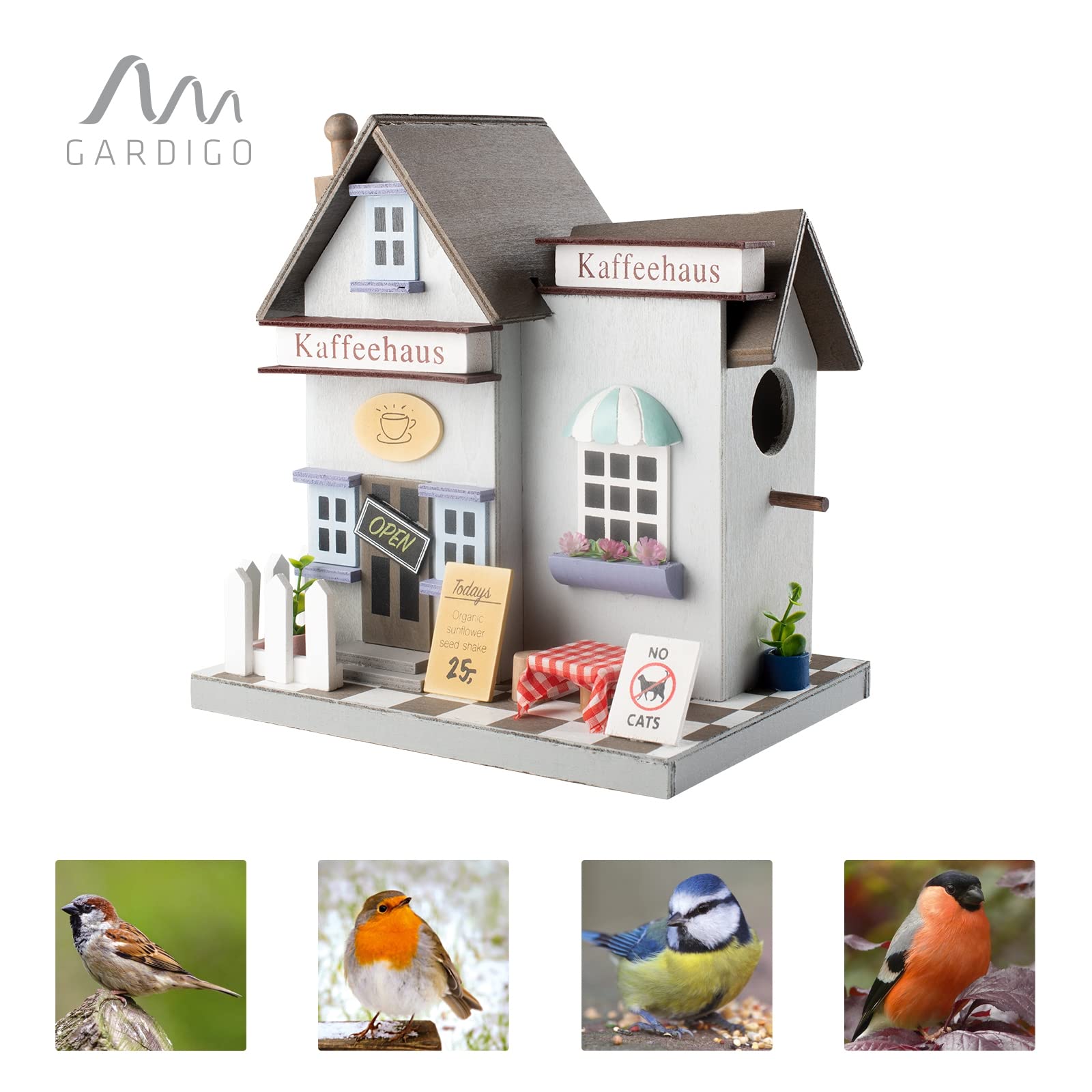 GARDIGO® Nichoir en Bois Style Café | Maison pour Oiseaux Suspendue | Idéal pour Jardin, Terrasse, Balcon | Abri et Mangeoire pour Petits Oiseaux | Design Élégant Blanc & Marron