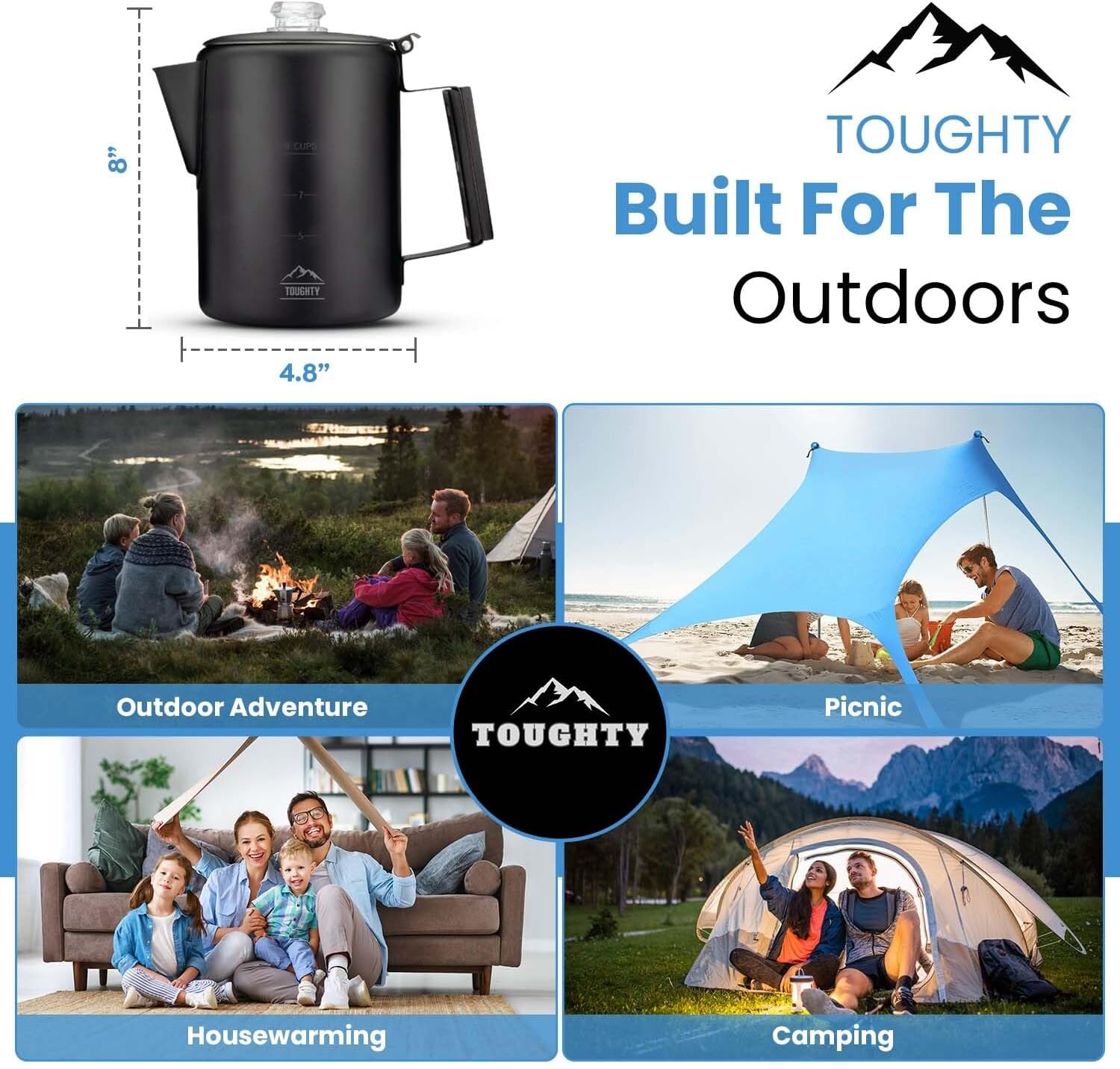 Toughty Yosemite Percolator Coffee Pot – Classic Stovetop Coffee Maker for Camping, Hiking & Home, Durable Stainless Steel Pot, Compatible with All Stovetops – Old-Fashioned 9-Cup Percolator, Black