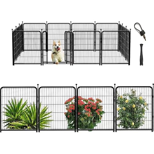 56 in(H) Decorative Garden Fence Panels, Wide Door Low Threshold, Dog Fence Outdoor for Yard. 10 Panels Total 22.1 Ft(L)，No Dig Fencing for Dogs, Black