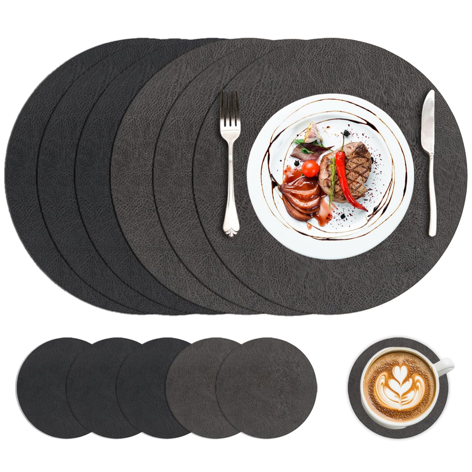 Ideal Swan Leather Placemats and Coaster Sets 6, Round Table Mats Waterproof Heat Resistant 176°F, Dual Sided Place Mat Wipeable Washable Non Slip Placemat for Hotel, Home, Kitchen, Glass Dining Table
