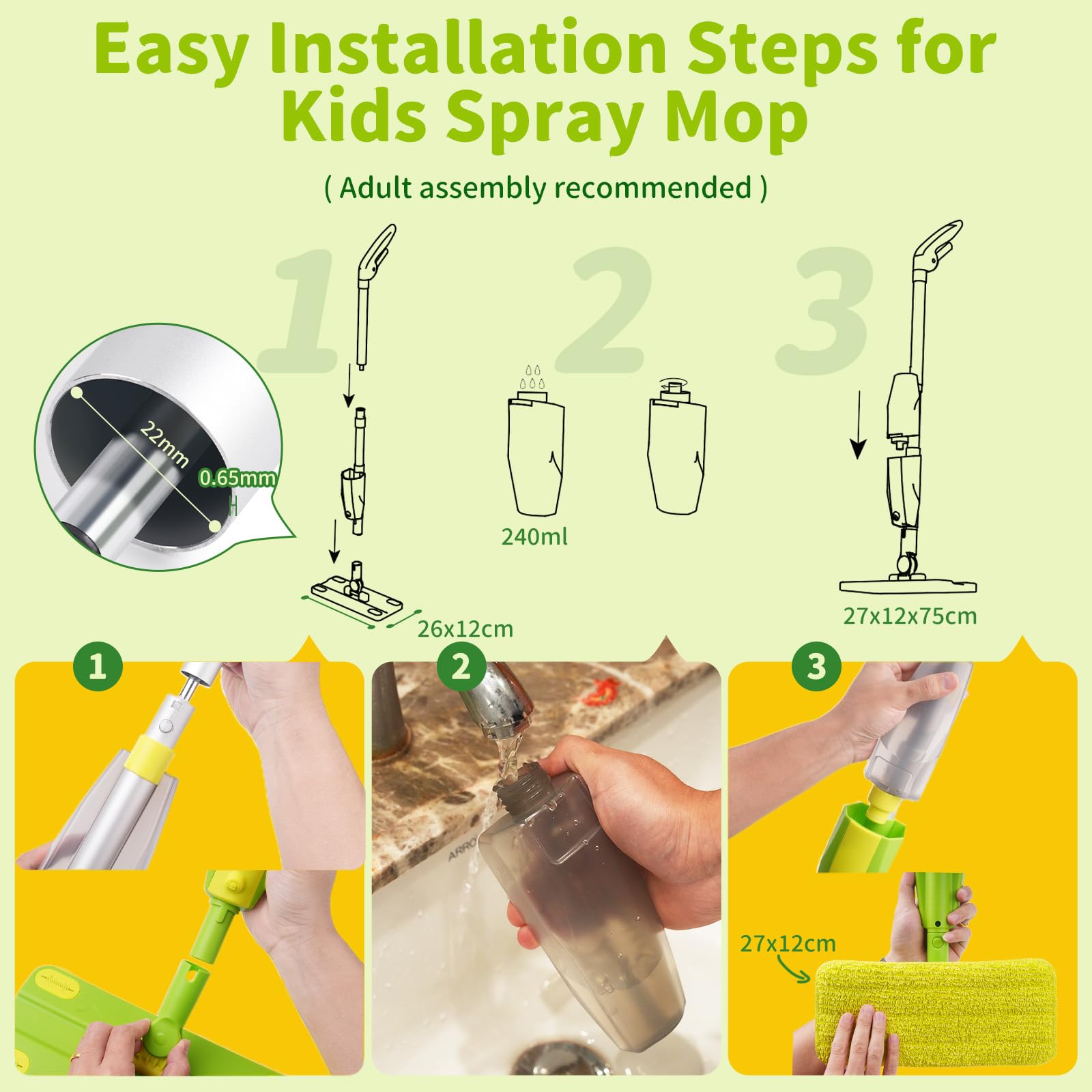 Lullulii Kids Spray Mop, Fun & Functional Toddler Mop Cleaning Set,Real Working Mini Mop, Pretend Play Toy –Includes Spray Bottle,Washable Microfiber Pads, Montessori Kids Cleaning Toy Set -Green