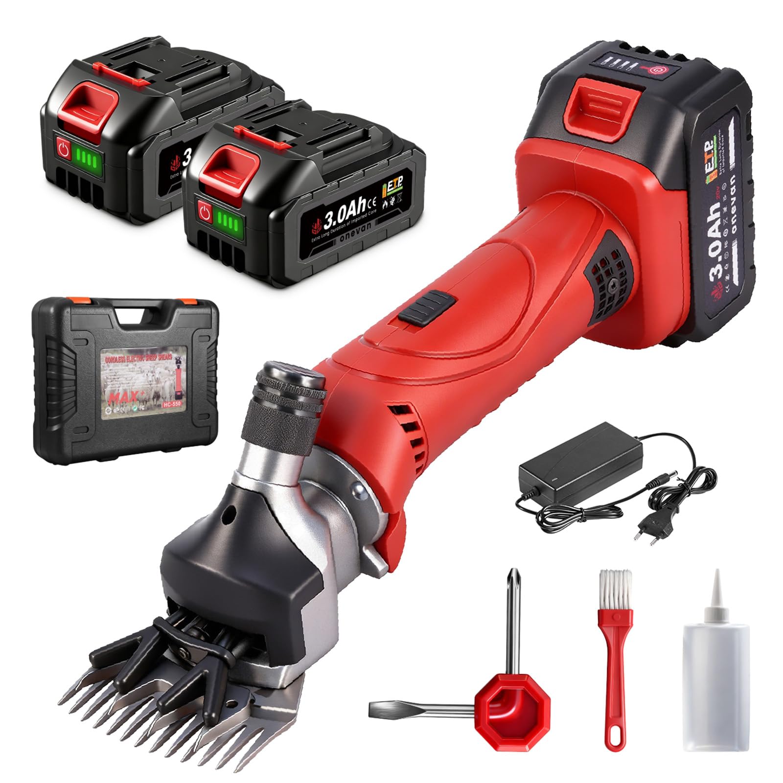 ONEVAN Tosatrice per pecore a batteria, tosatrice elettrica 500 W, 6 impostazioni di velocità, tosatrice elettrica a 13 denti, 2 batterie 3,0 Ah, tosatrice a batteria per pecore, alpaca (Rosso)