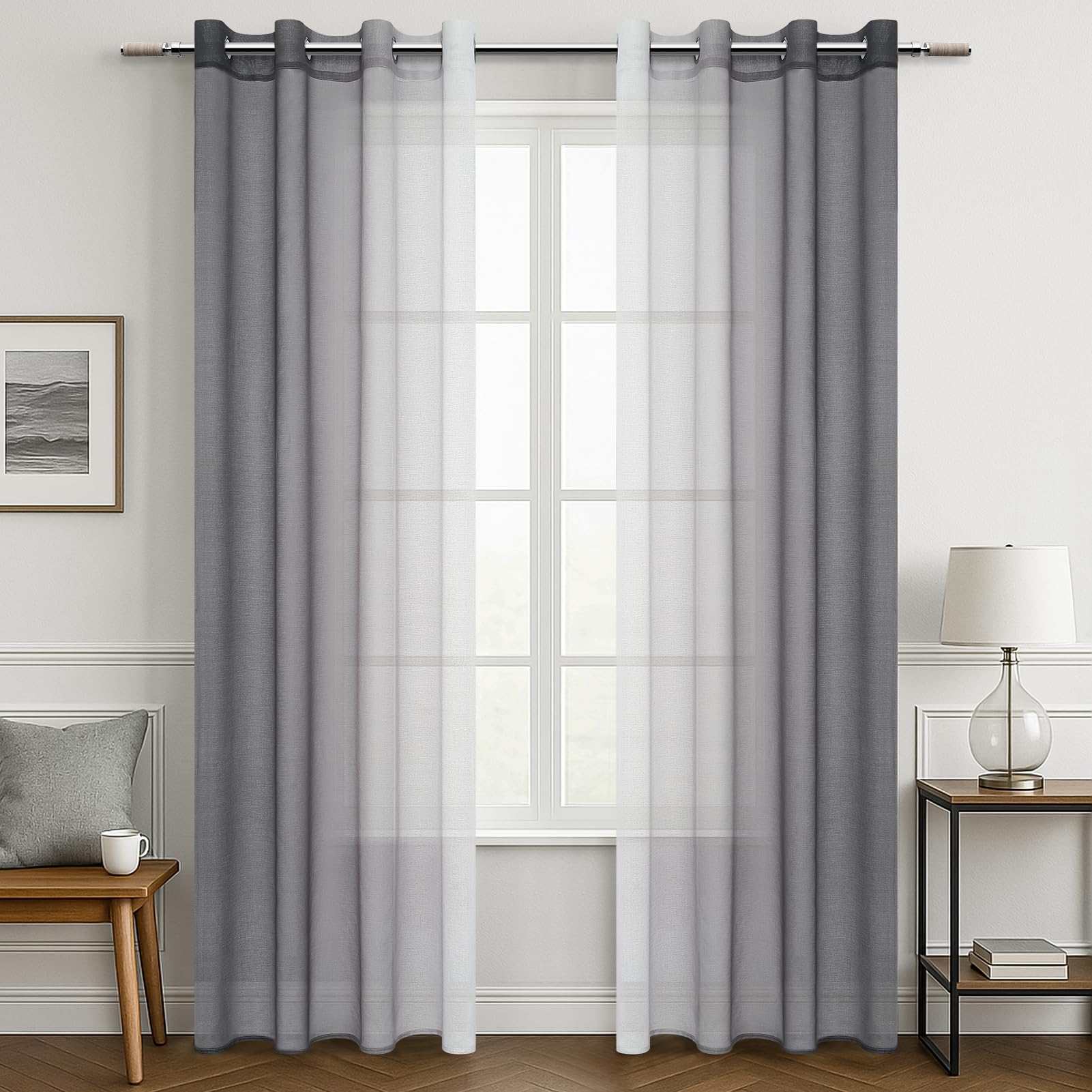 MRTREES Voile Gardinen mit Farbverlauf Transparent Vorhang Kurz Leinenoptik Tüllvorhang mit Ösen Modern für Dekoration Kinderzimmer Wohnzimmer Schlafzimmer Grau 2er-Set