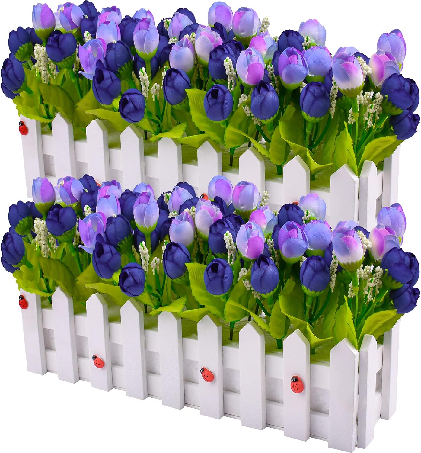 Artificial Flower Plants - Fake Roses and Rosebuds in Wood Picket Fence Pot for Indoor Office Wedding Home Decoration ( Set of 2, Blue)