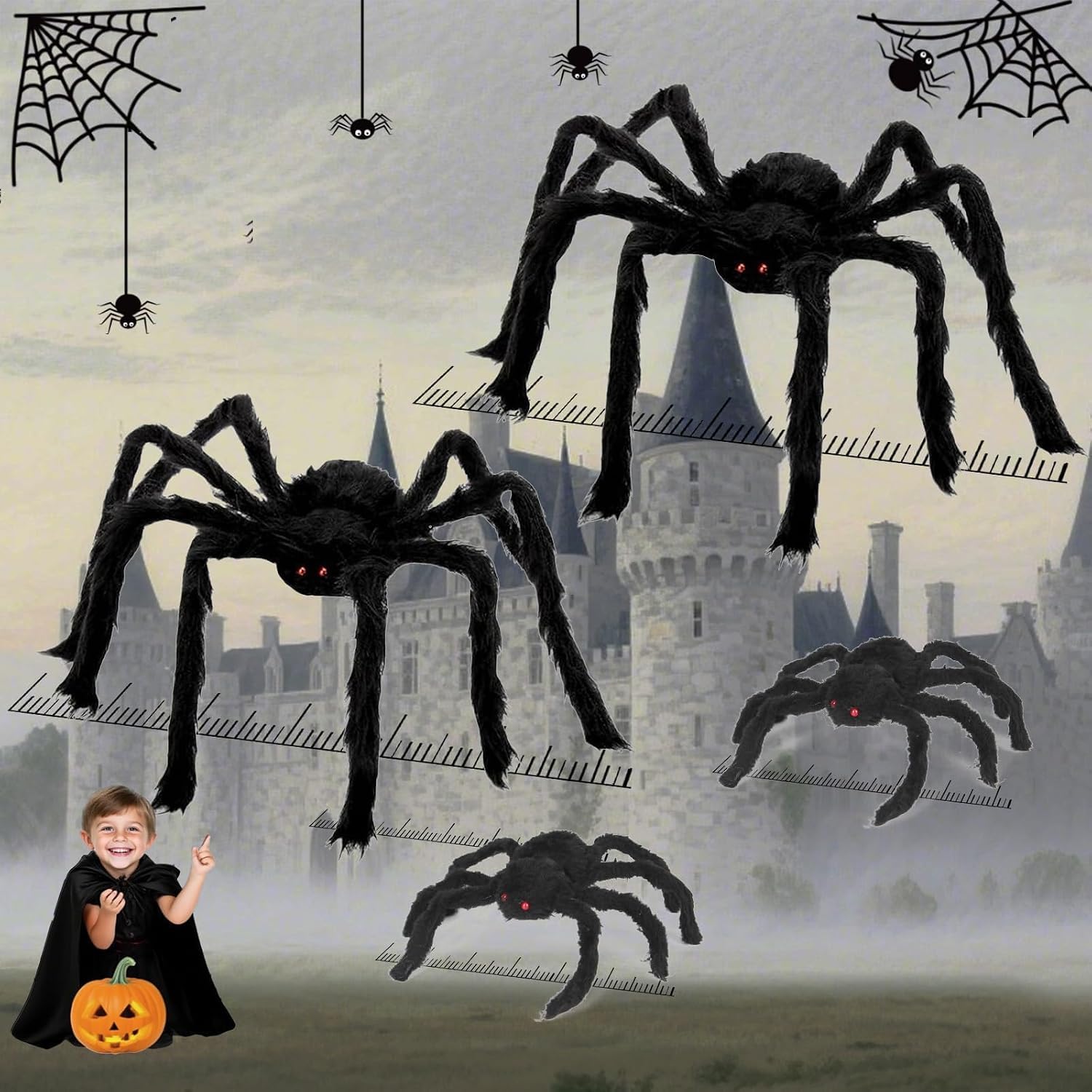 Giant Spider 2.46 Ft, 4 Packs Halloween Decorations Fake Halloween Decor Spiders Large, Furry Spiders for Outdoor Indoor Yard Home Costumes Party House Décor, 2.46Ft*2/0.98Ft*2