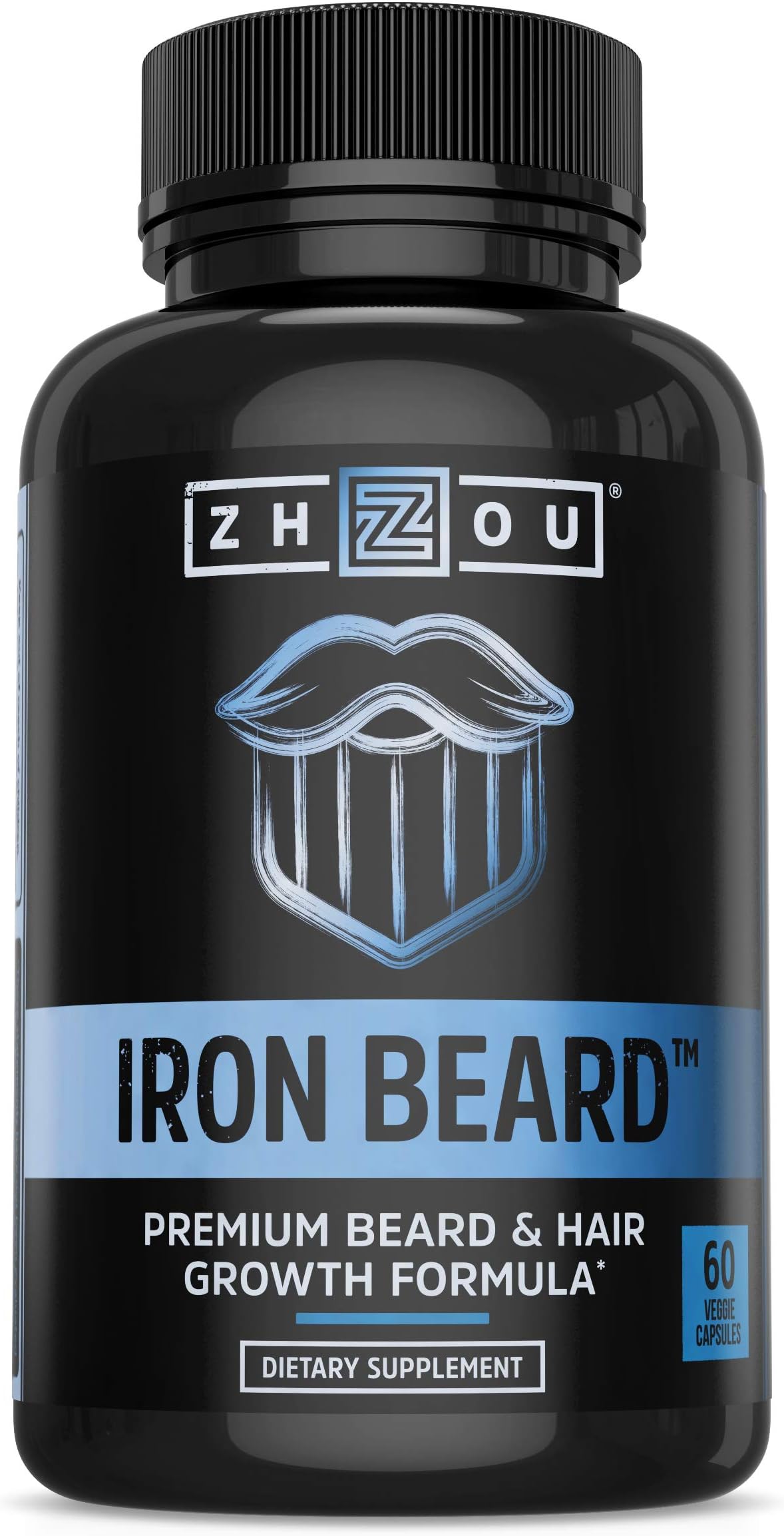 Zhou Iron Beard - Beard Growth Vitamins Men - 60 Veggie Capsules | Premium Biotin, Saw Palmetto & B Vitamin Pills to Support Facial Hair, Care Supplement for Full Beard
