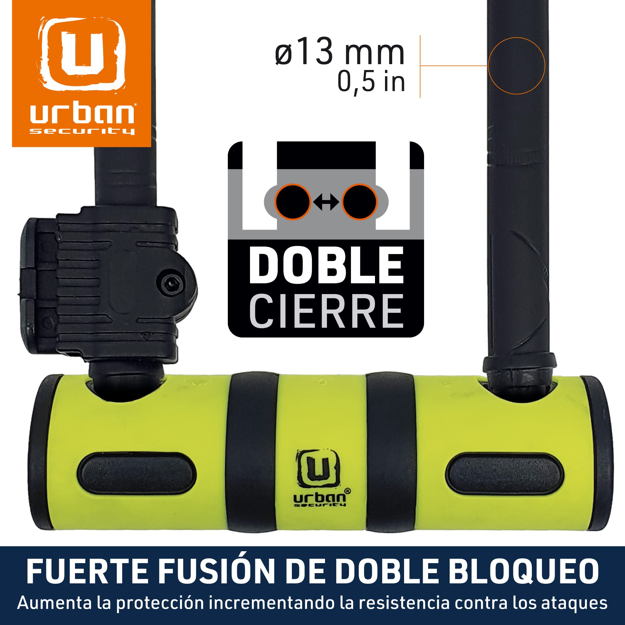 URBAN UR80150B Candado Bicicleta U, Alta Resistencia, Ligero + Cable Más Seguro y Páctico, Horquilla ø13 Acero Endurecido de Doble Bloqueo, Soporte Fácil Transporte, Antirrobo Universal Bici Patinete