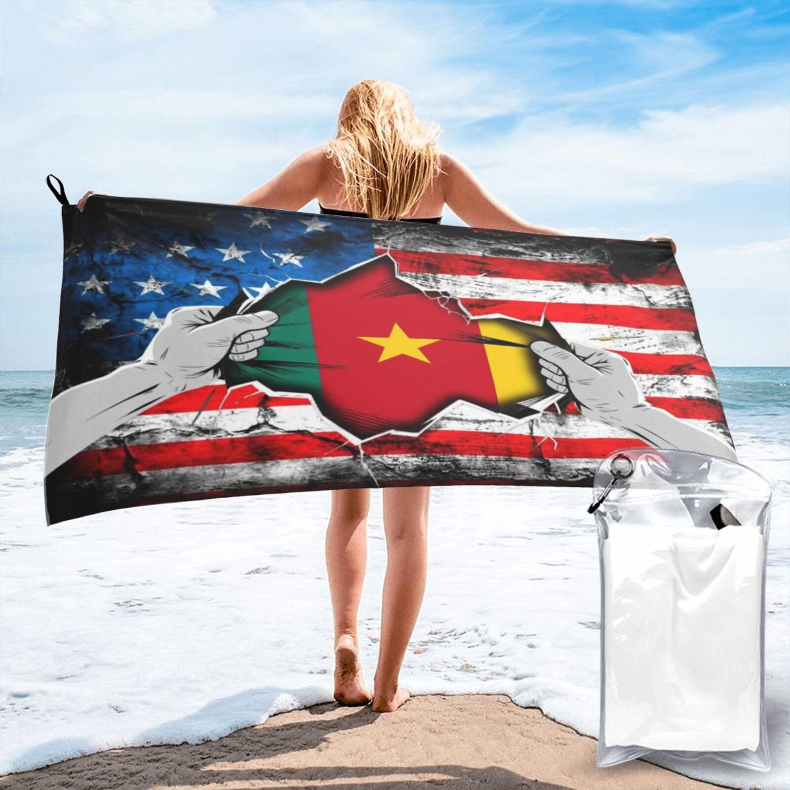 HACXZ American and Cameroon Flag Vintage Beach Towel Lightweight Absorbent Beach Towel Microfiber 27.5"X55"