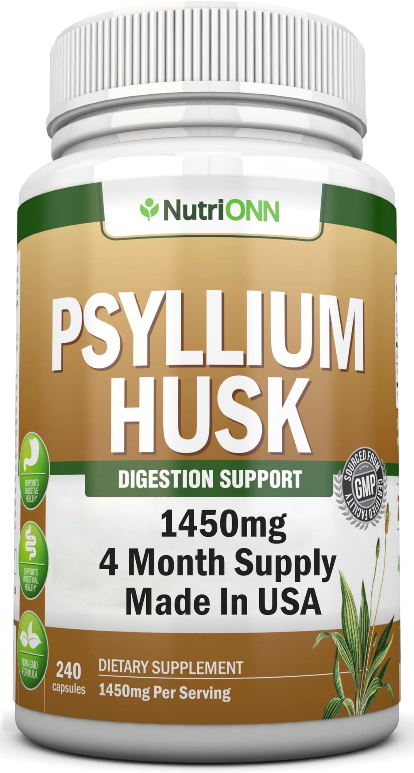 NutriONN PSYLLIUM Husk Capsules - 1450mg Per Serving - 240 Capsules - Double Strength - Premium Psyllium Fiber Supplement - Great for Digestion and Regularity - 100% Natural Soluble Fiber