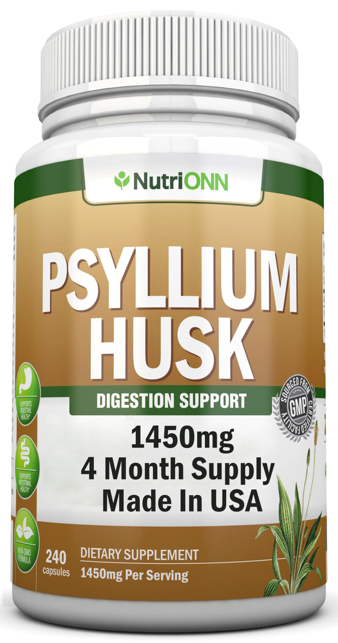 Capsules de cosse de PSYLLIUM – 1450 mg par portion – 240 capsules – Supplément de fibres de psyllium de qualité supérieure – Idéal pour la digestion et la régularité – 100 % fibres solubles