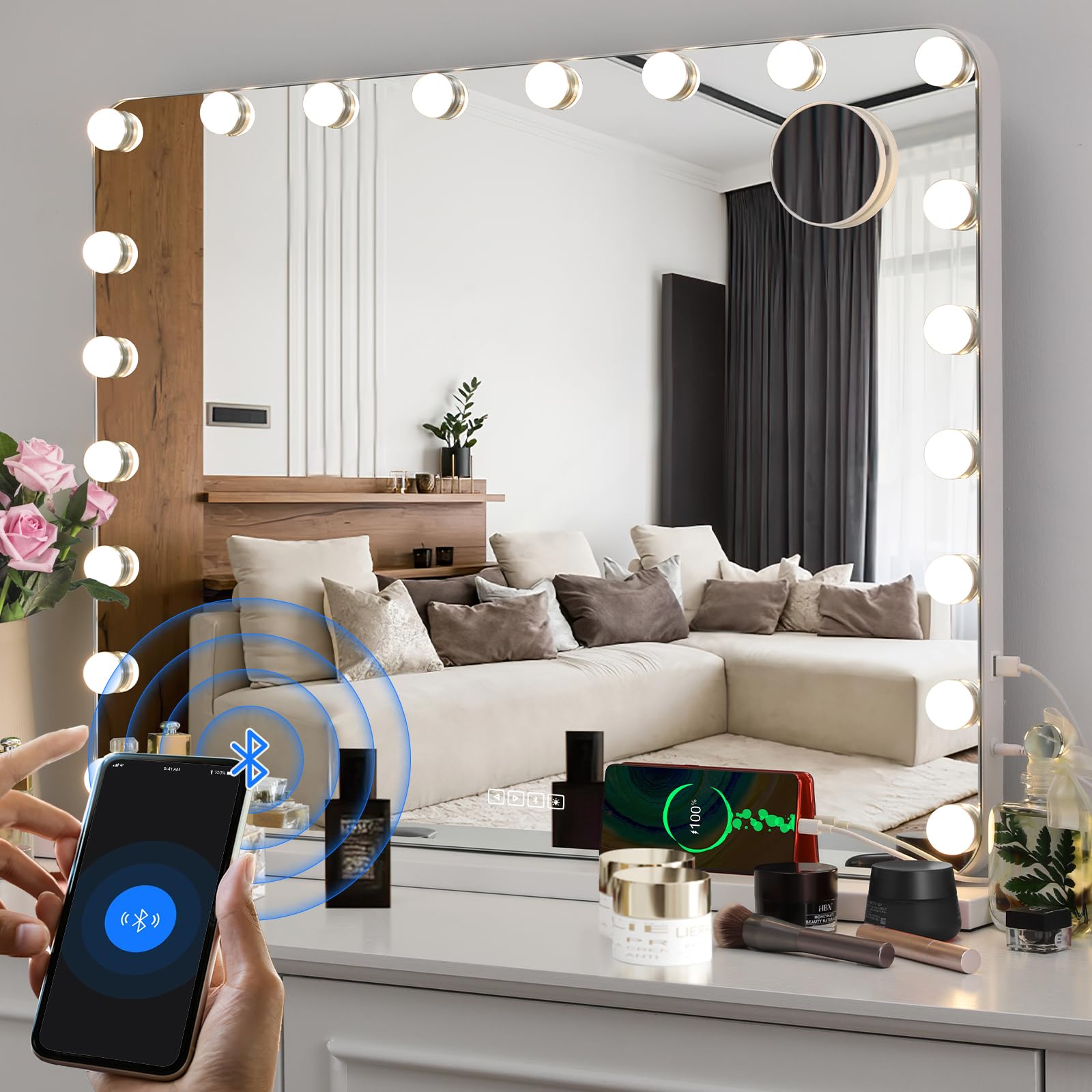 MAMIZO Espejo Maquillaje con Luz y Altavoz Bluetooth, 80x60 cm 20 LED Espejo Tocador Hollywood, 3 de Colores de Luz, Regulable, Control Táctil, USB, Iluminar Vanity Mirror de Pared o Mesa, Blanco