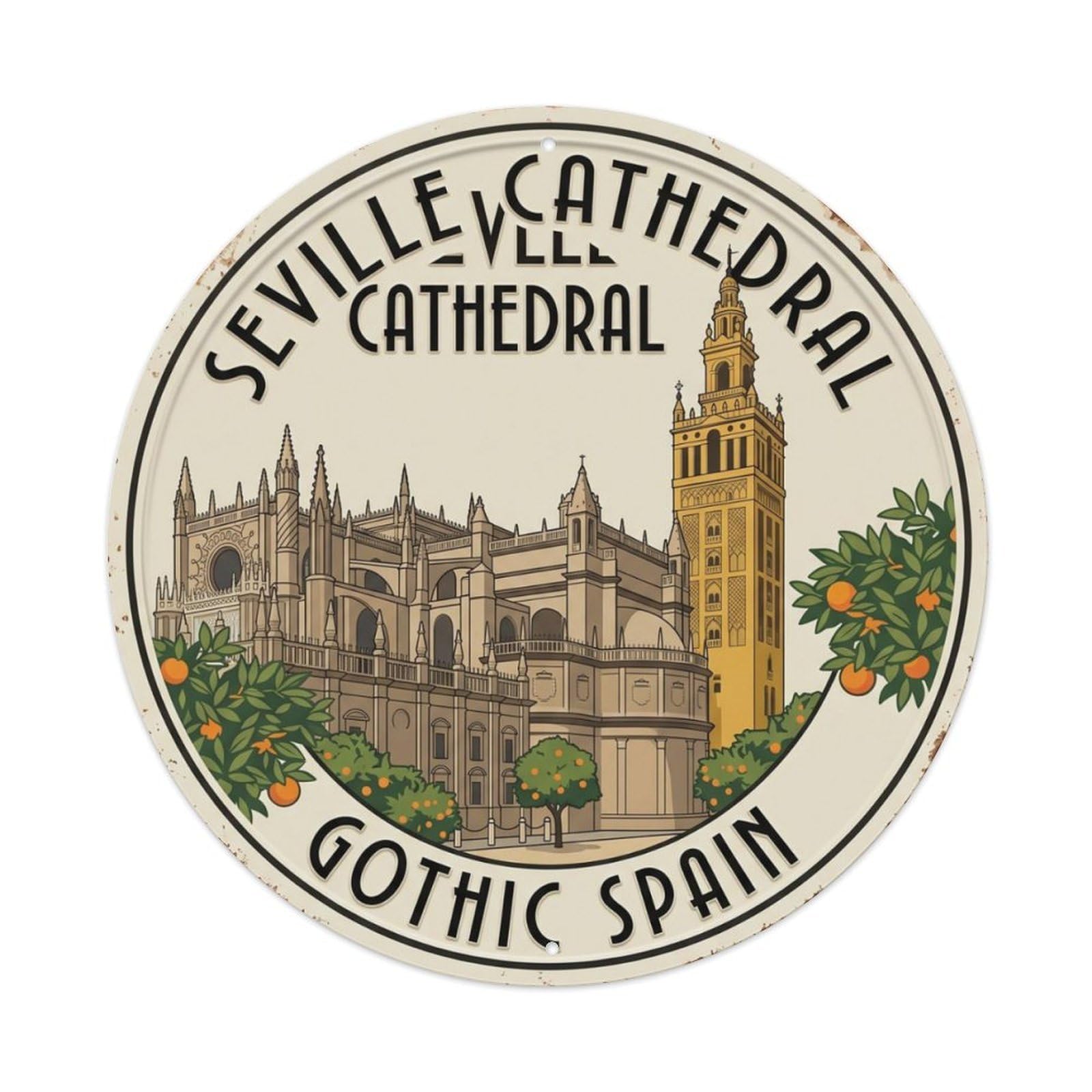 Seville Cathedral Gothic Spain Tower Metal Tin Sign Plaque Wall Decor for Cafe, Club Bar, Office, Home Garden Round Metal Poster 8x8Inch