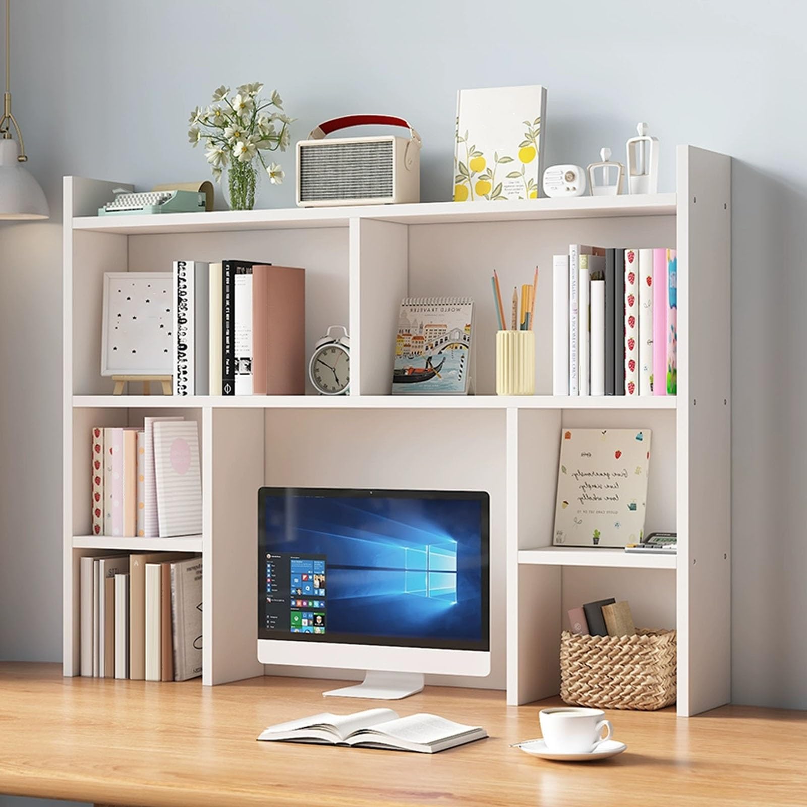 CWCQGH Dorm Room Desk Organizer - Teacher's Computer Table with Cubbies, Home Office Storage Solution, Stylish Bedroom Desk Shelf for Maximum Space Efficiency,White-120cm/47.2in