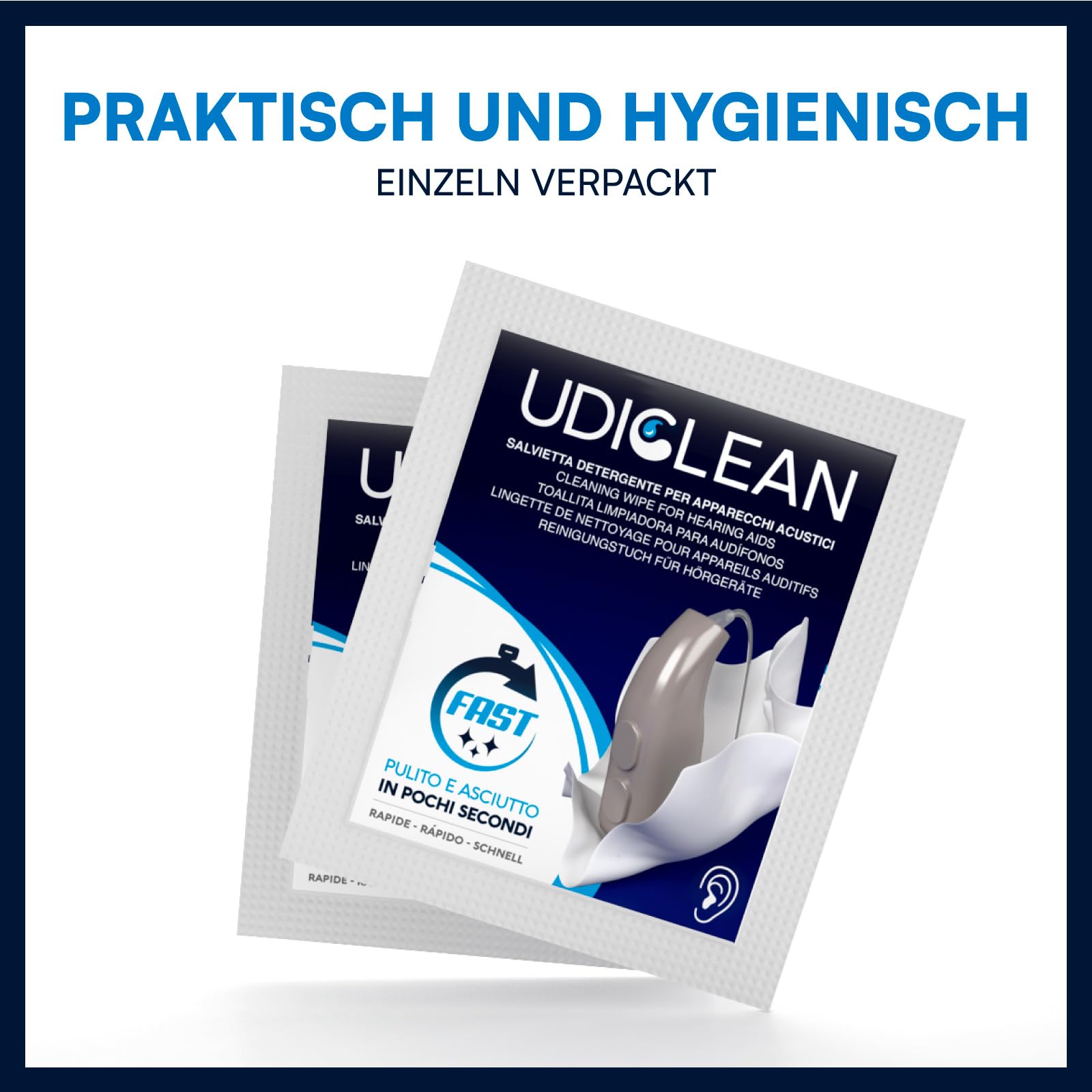 200 Hörgeräte-Reinigungstücher Udiclean einzeln verpackte Feuchttücher - entfernt Schmutz Fett und Schweiß - schnelltrocknend