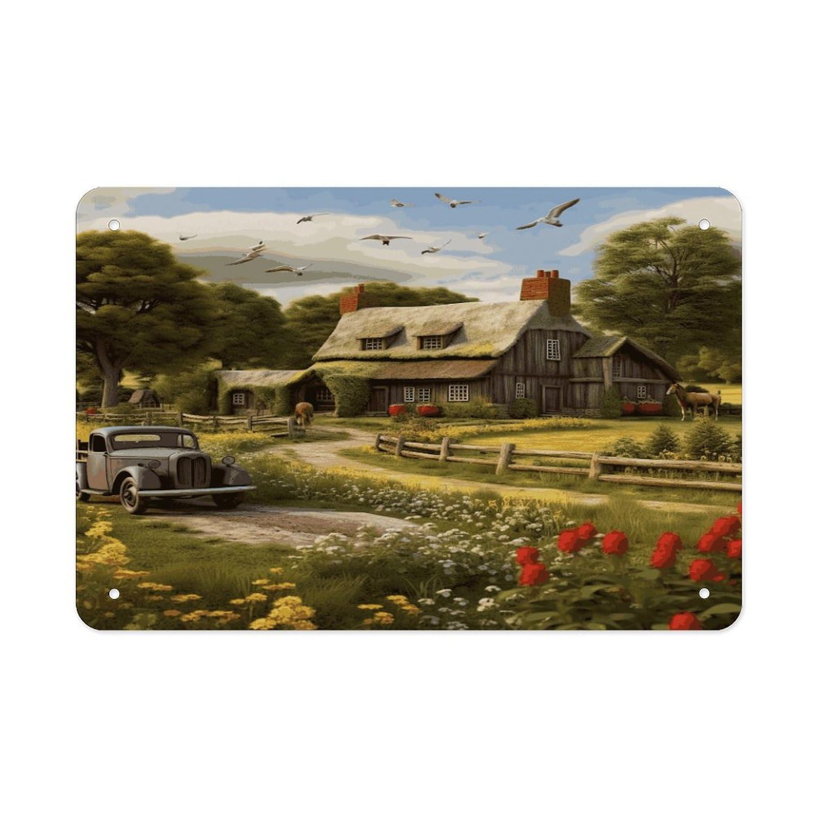 Fodpand Style Farm Thatched Cottage Wall Art Metal Signs Tin Sign
