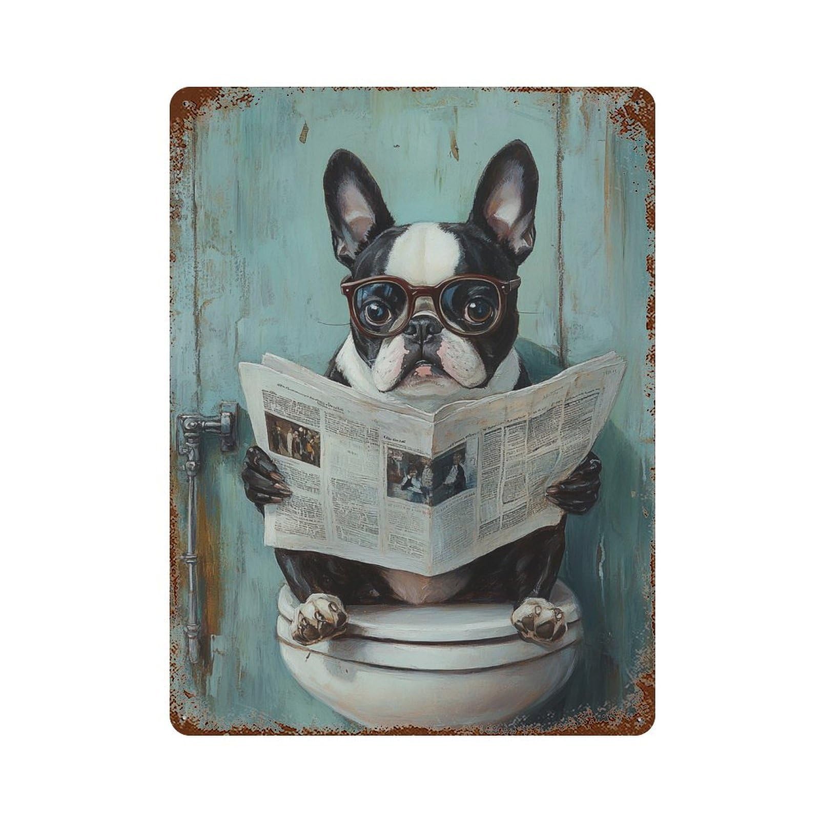 Dog Reading Newspaper on Toilet-21 Distressed Metal Wall Sign 15.7"x11.8", Ideal for Cafe, Home Bar And Lounge Decor
