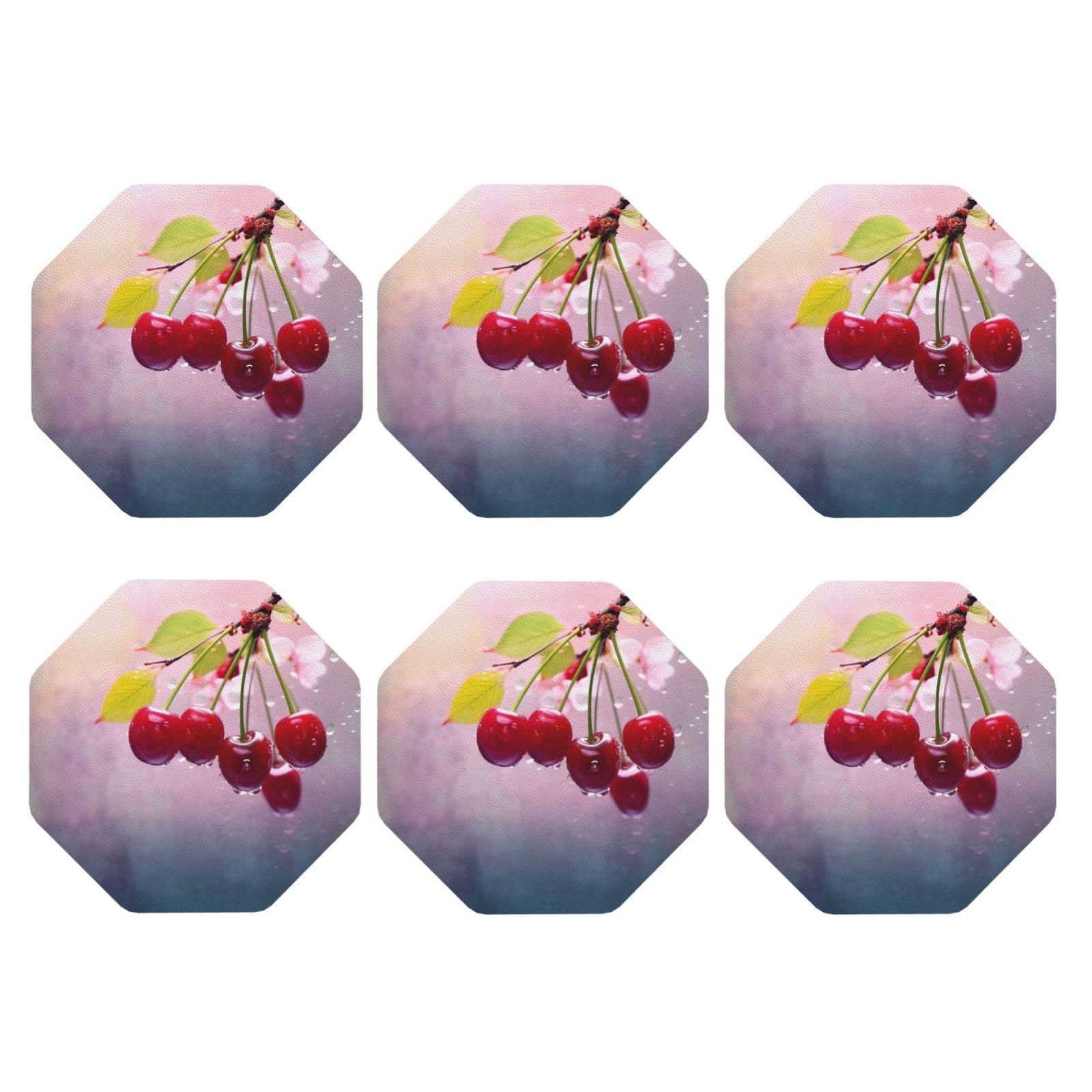 6pcs Leather Coasters for Drinks, Cherry Drink Coasters for Tabletop Protection, 4" Cup Coasters for Coffee Table Decor, Non-Slip Drinking Cup Mat for Hot Or Cold Drink