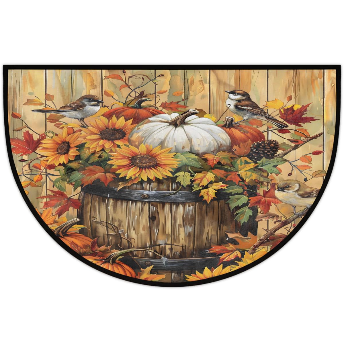 Fall Thanksgiving Bird Sunflowers Half Round Doormat Washable Semi Circle Rug Non Slip Half Moon Rug Floor Mat for Indoor Outdoor Bathroom Kitchen