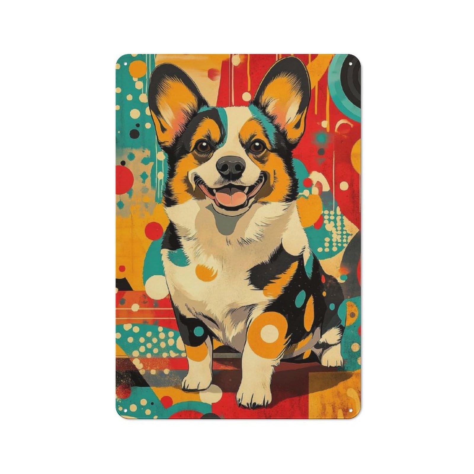 Junmoney Corgi In Retro Style Welsh Corgi Art Print - Tin Wall Plaque 30X20cm With Vibrant And Abstract Dog Decor For Bar Or Restaurant, Housewarming Present For People Styling Bar And Restaurant