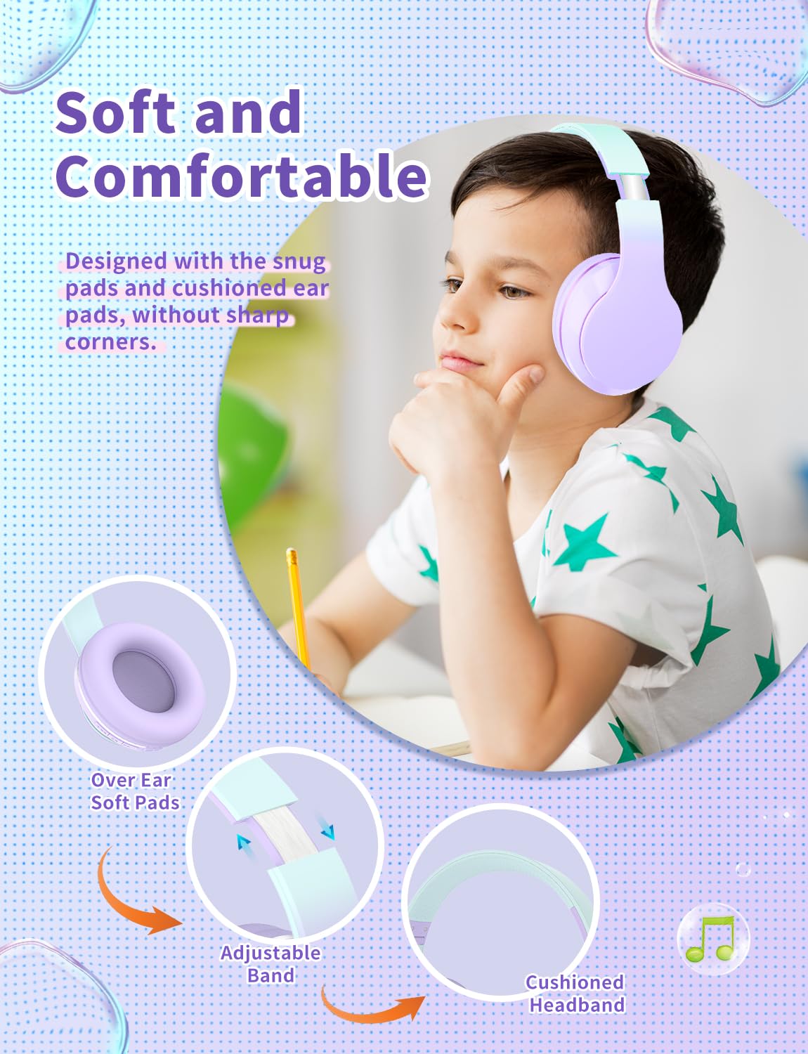 Xunpuls Cuffie Bluetooth per bambini, wireless, over-ear con microfono, suono stereo, 10 ore di autonomia, pieghevoli e regolabili, cuffie Bluetooth 5.1, per adulti, scuola, viaggi (viola)