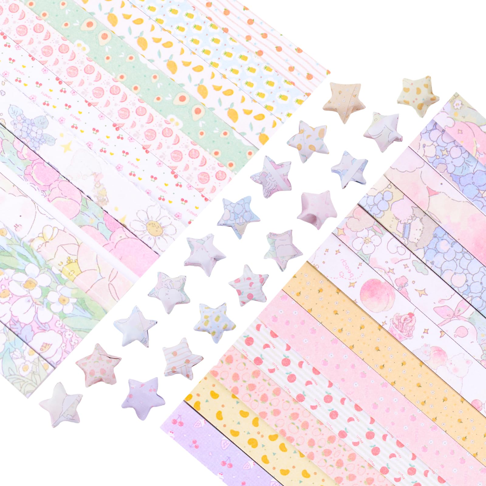 URROMA 1200Pcs Double-sided Printing Origami Star Paper Strips 24 Patterns Colorful Lucky Star Paper Strips for DIY Handcrafts School Teaching